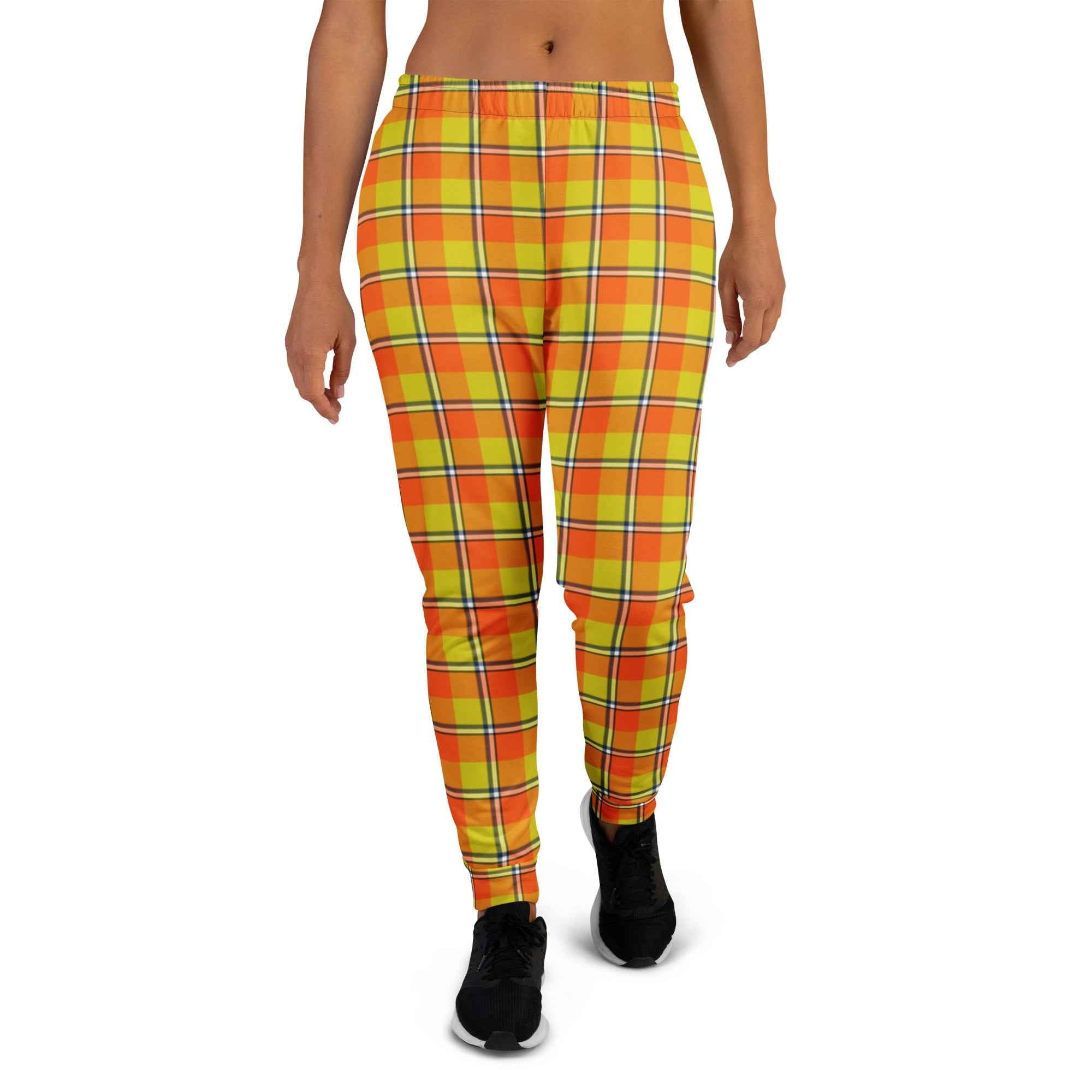 Blaze Orange and Bird Flower Plaid Women's Joggers - Scottish Squares