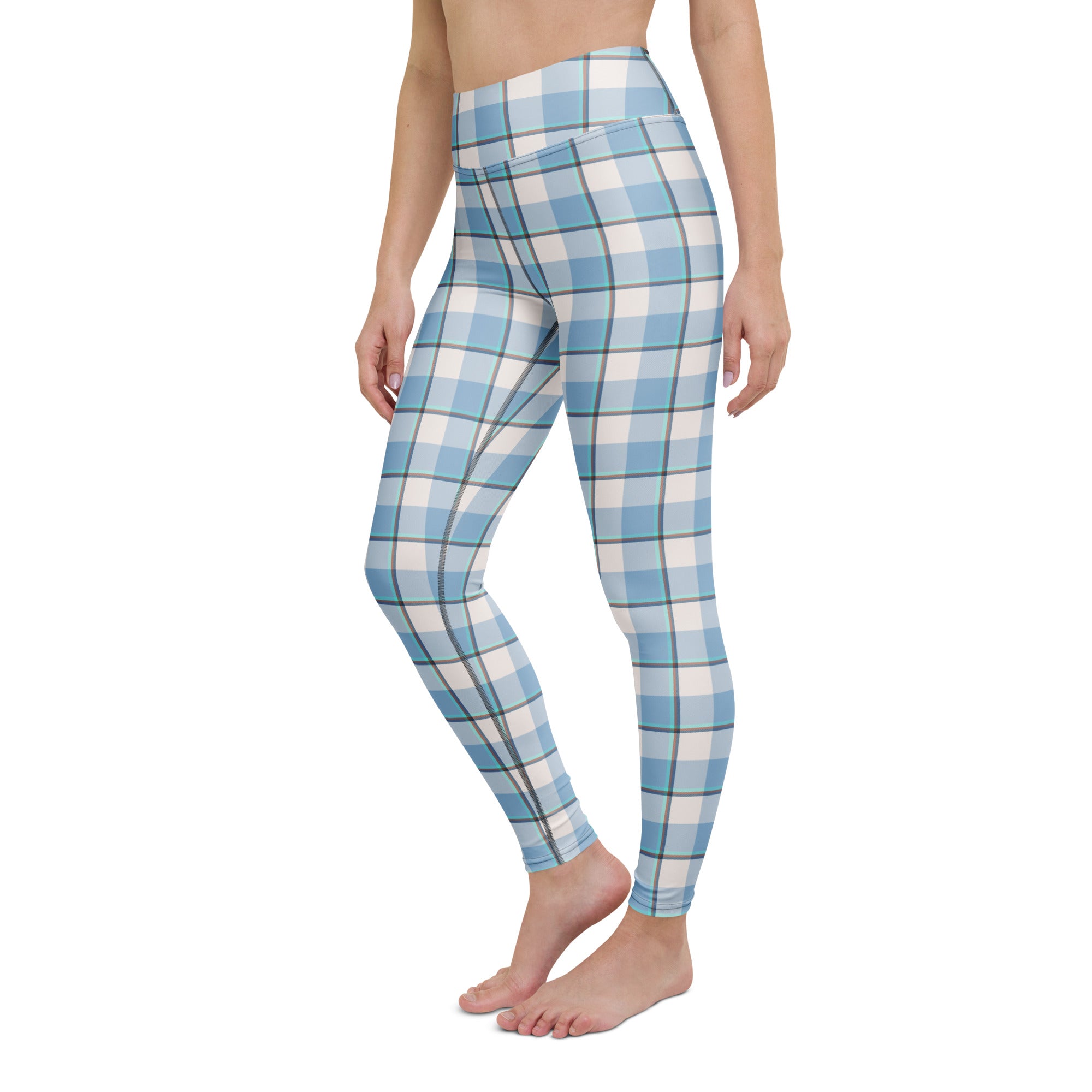 Yoga Leggings Pink Cloud and Blue Lagoon Plaid - Scottish Squares