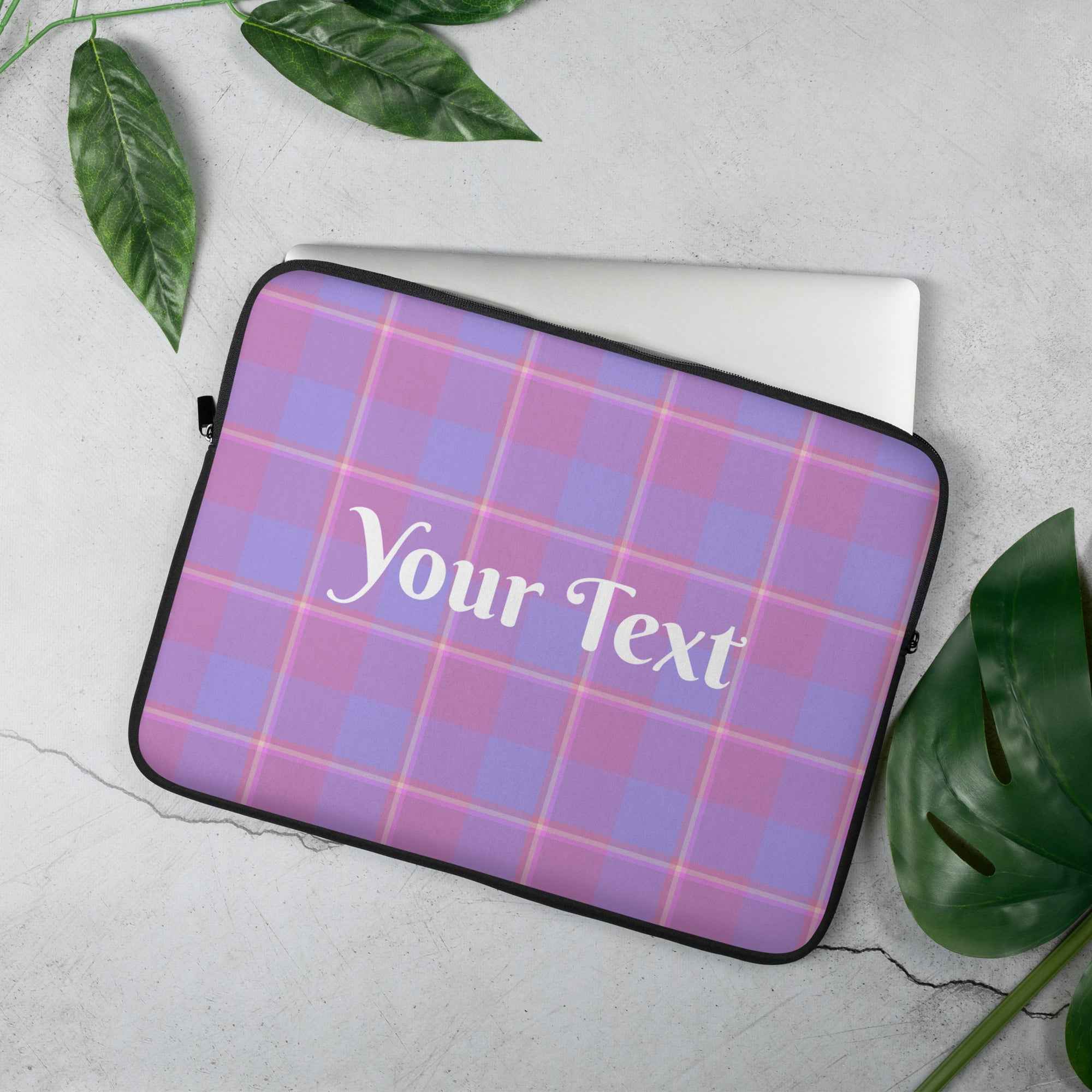 Personalized Viola and Dull Lavender Plaid Laptop Sleeve - Scottish Squares