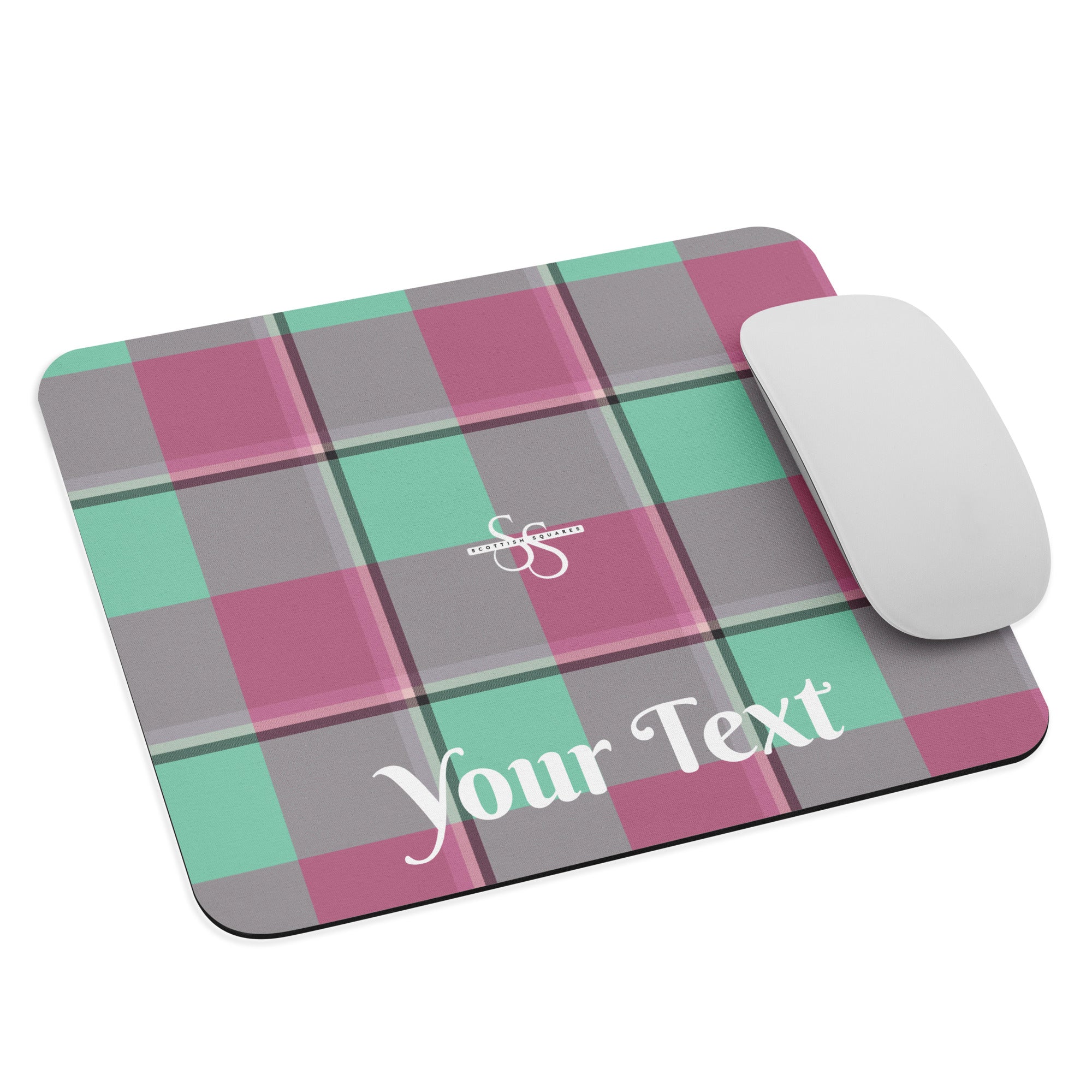 Personalized Vista Blue and Turkish Rose Plaid Mouse Pad - Scottish Squares