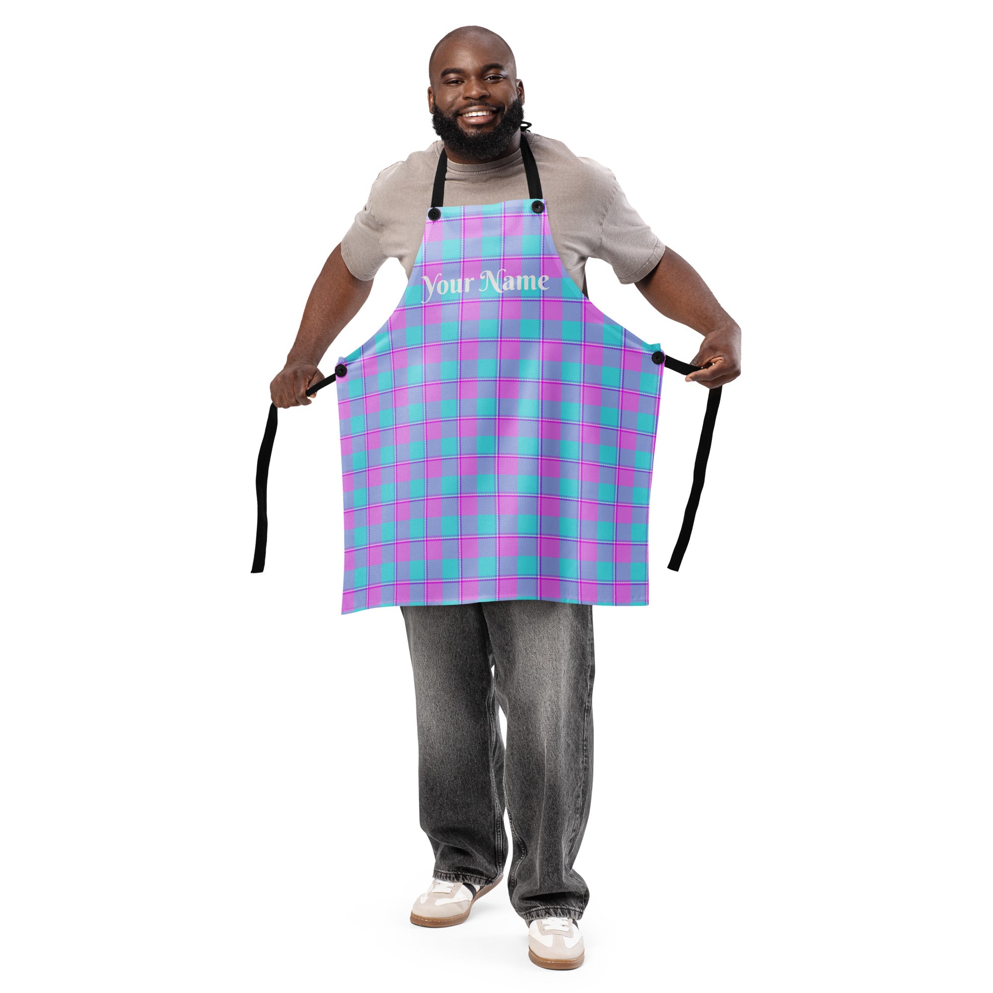 Personalized Mauve and Coastal Mist Plaid Apron - Scottish Squares