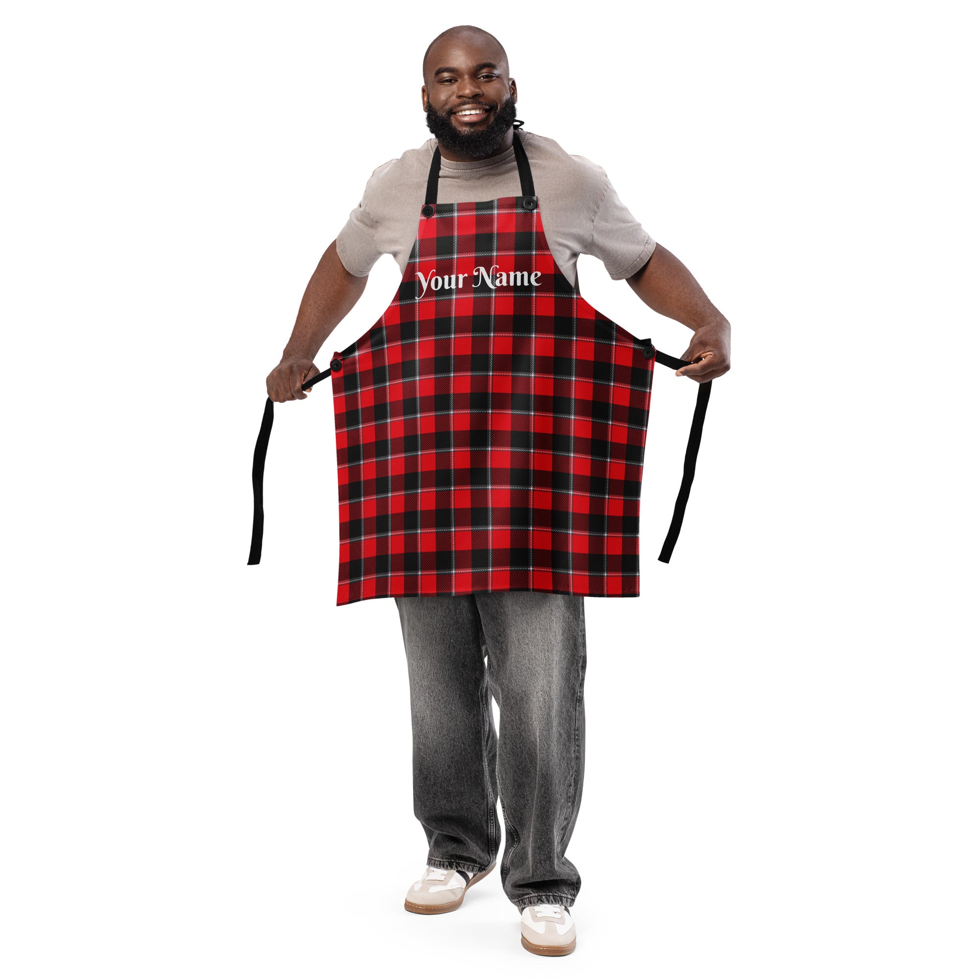 Personalized Red Ribbon and Heavy Metal Plaid Apron - Scottish Squares