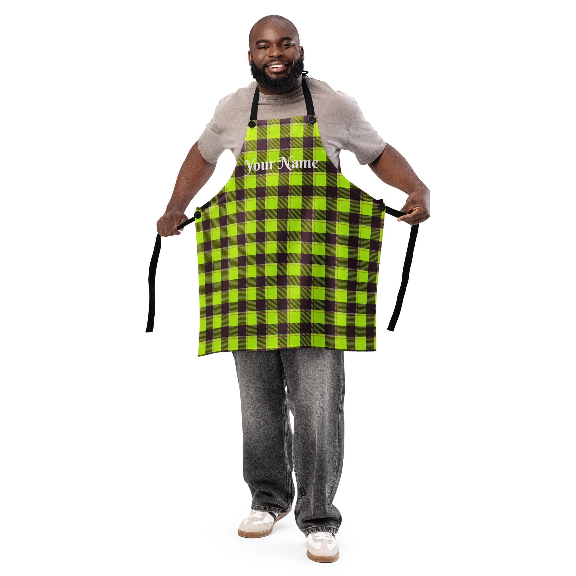 Personalized Electric Lime and Livid Brown Plaid Apron - Scottish Squares