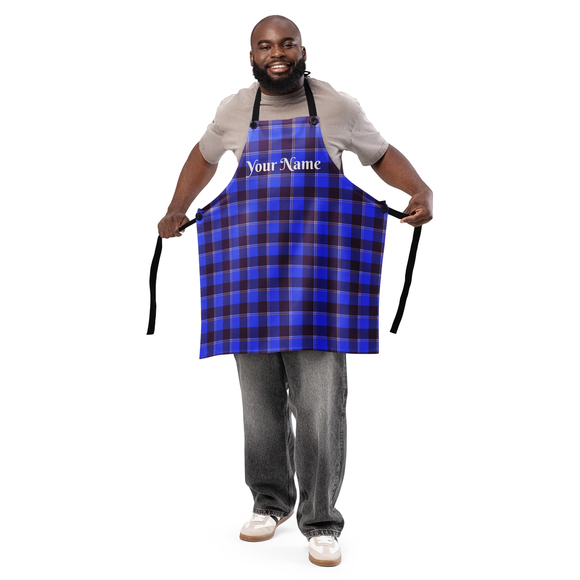 Personalized Cornflower Blue and Livid Brown Apron - Scottish Squares