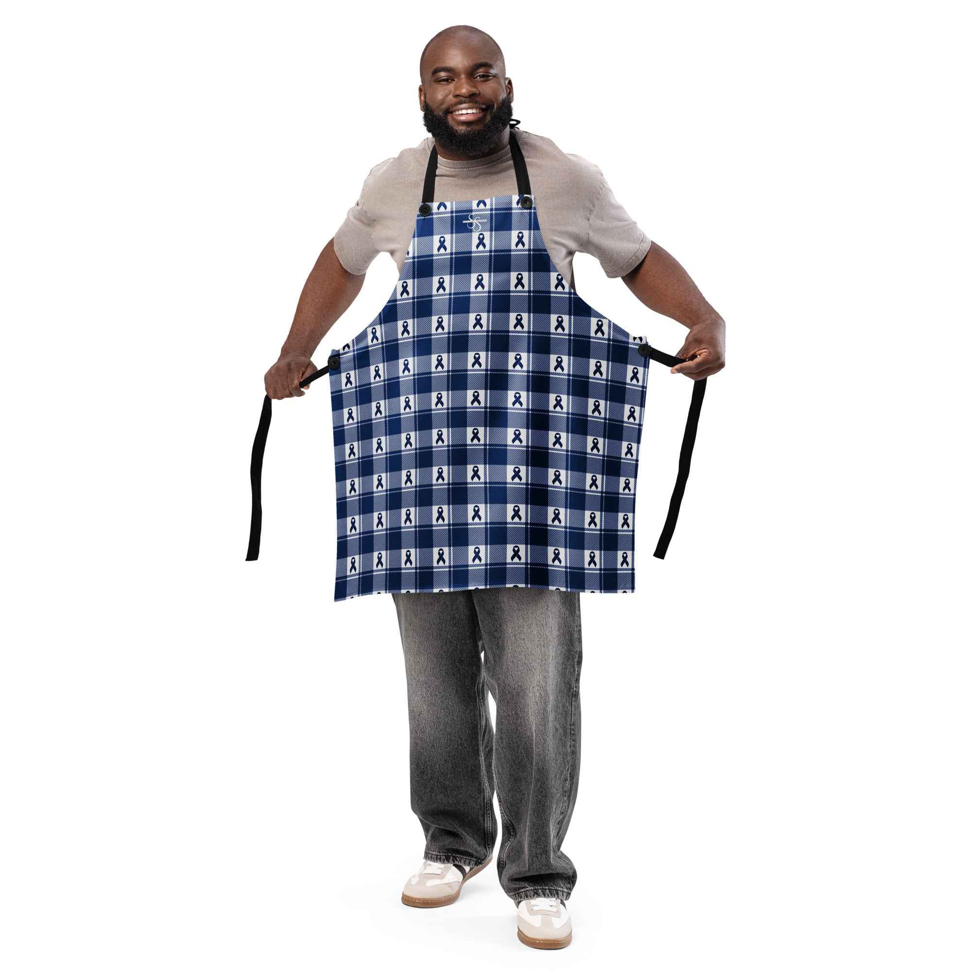 Apron Colorectal Awareness Plaid, Dark Blue Ribbon, Supportive Gift - Scottish Squares