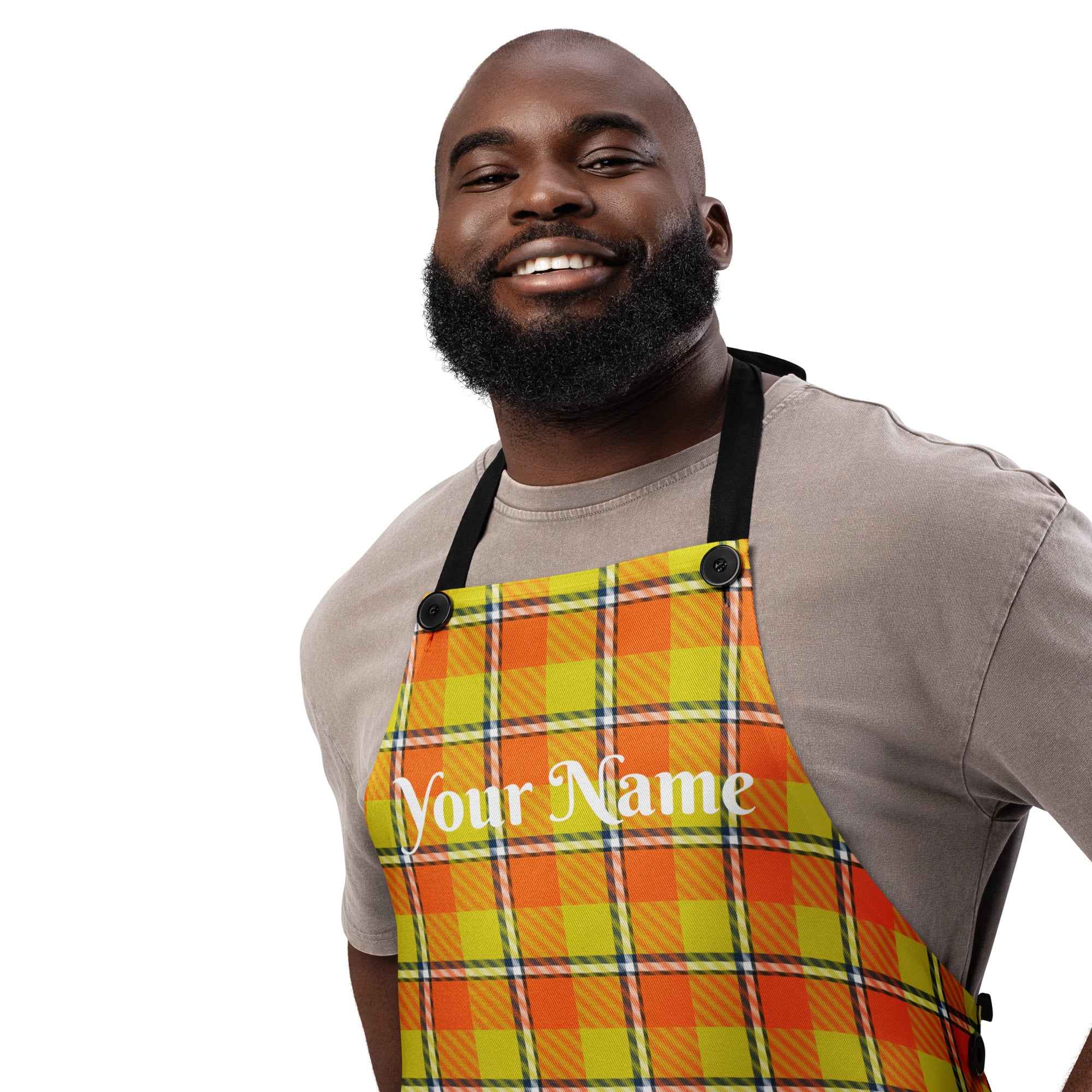 Personalized Blaze Orange and Bird Flower Plaid Apron - Scottish Squares