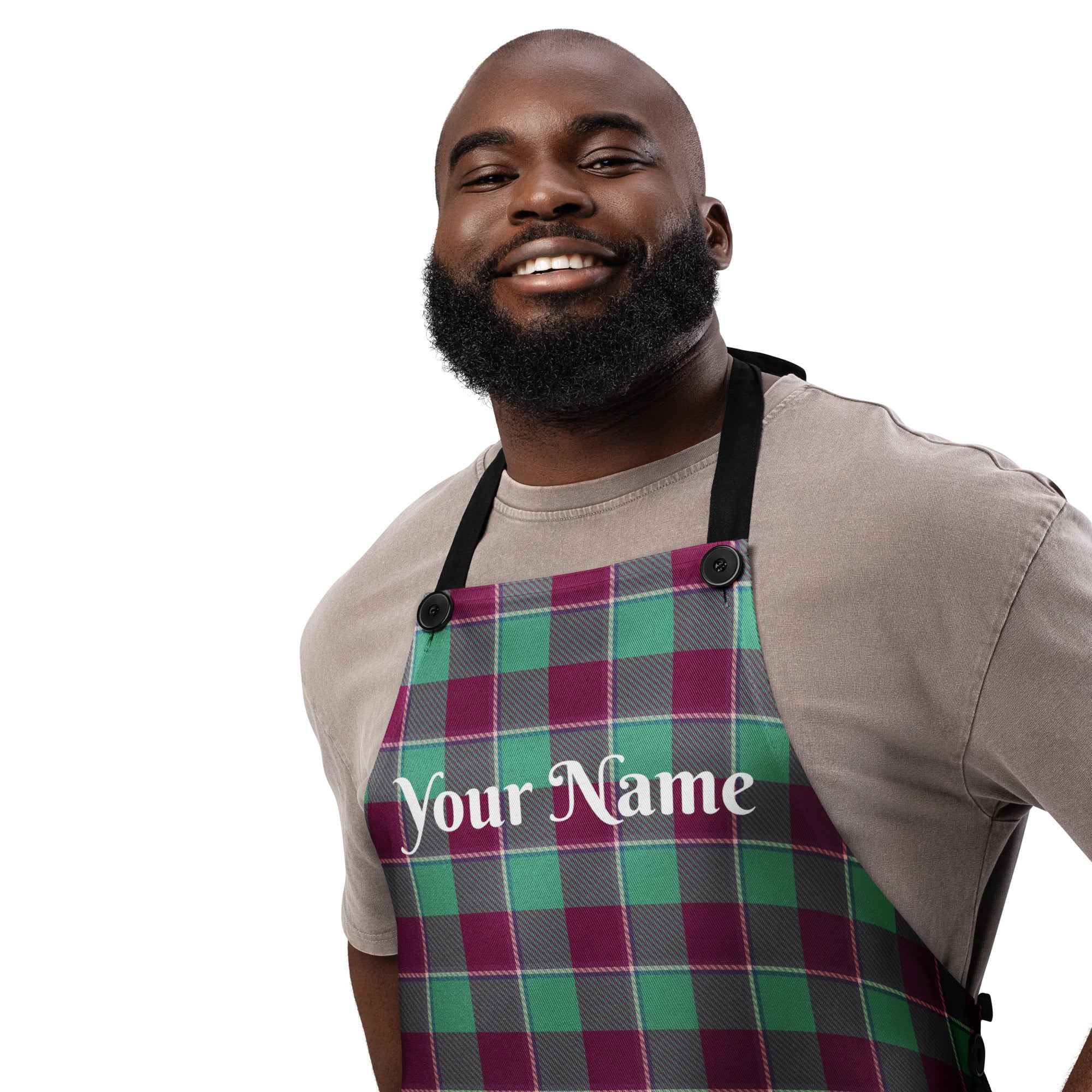 Personalized Ocean Green and Mulberry Wood Plaid Apron - Scottish Squares