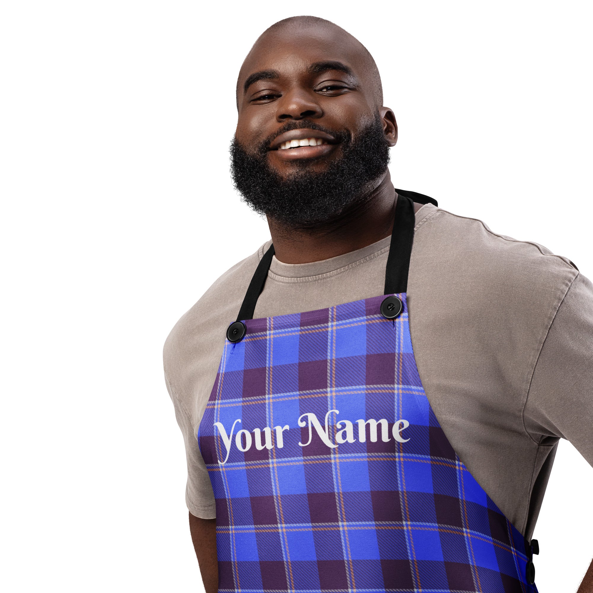 Personalized Cornflower Blue and Livid Brown Apron - Scottish Squares