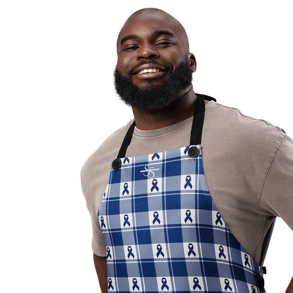 Apron Colorectal Awareness Plaid, Dark Blue Ribbon, Supportive Gift - Scottish Squares