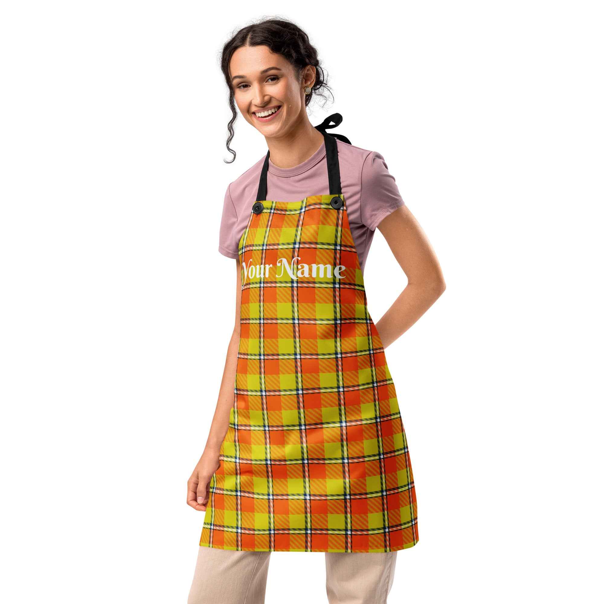 Personalized Blaze Orange and Bird Flower Plaid Apron - Scottish Squares