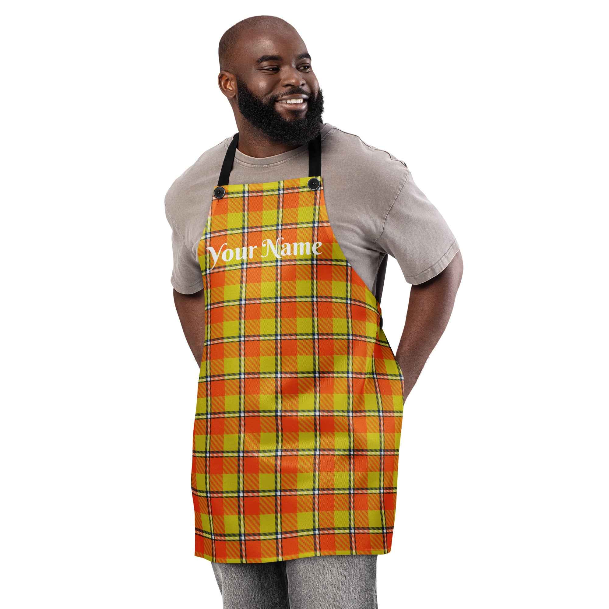 Personalized Blaze Orange and Bird Flower Plaid Apron - Scottish Squares