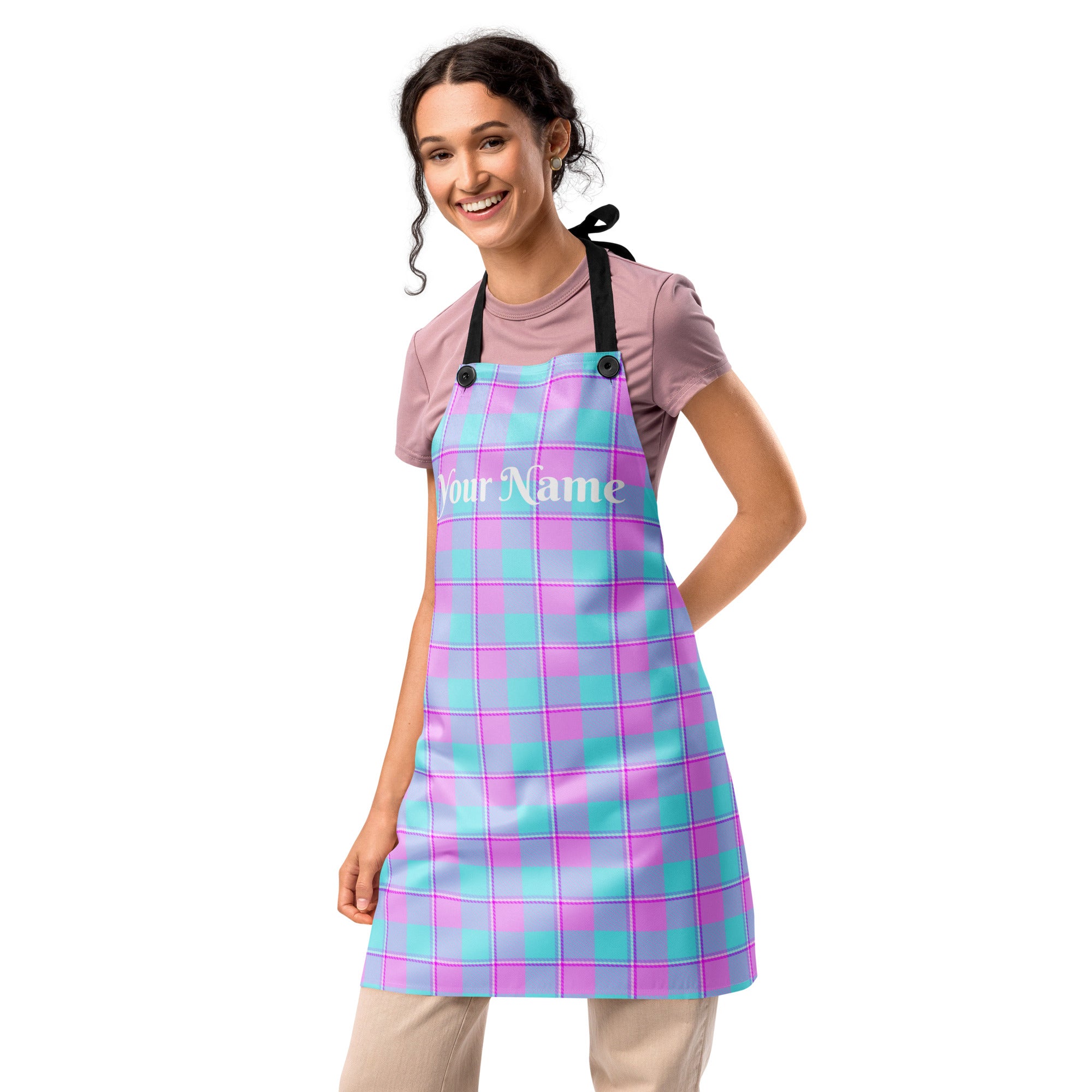 Personalized Mauve and Coastal Mist Plaid Apron - Scottish Squares