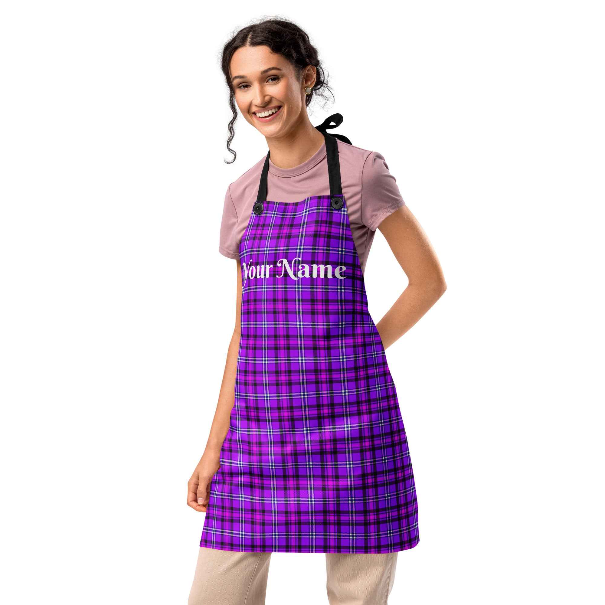 Personalized Electric Violet and Fuchsia Plaid Apron - Scottish Squares