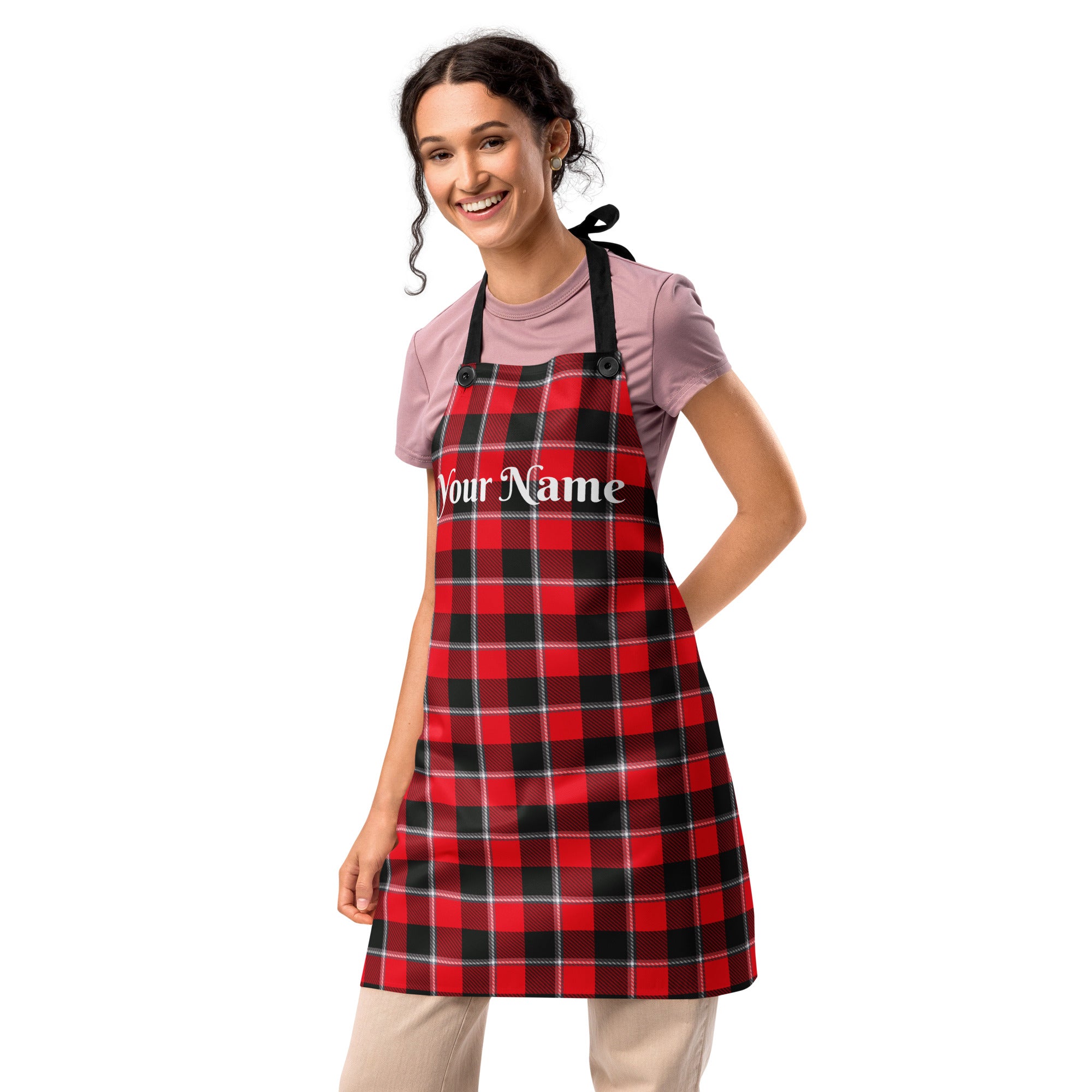 Personalized Red Ribbon and Heavy Metal Plaid Apron - Scottish Squares