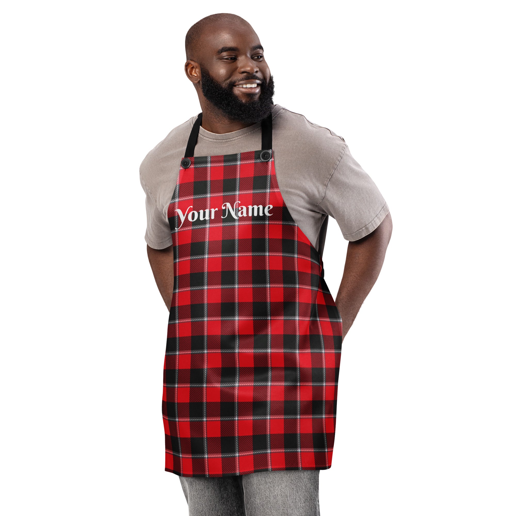 Personalized Red Ribbon and Heavy Metal Plaid Apron - Scottish Squares