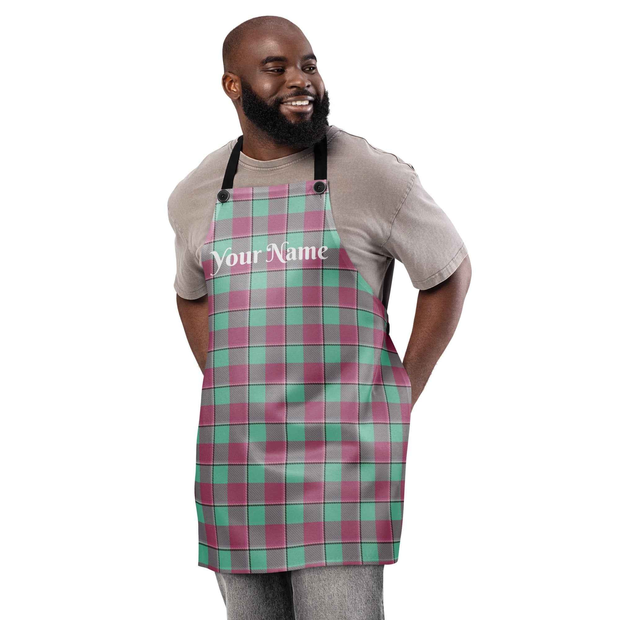 Personalized Vista Blue and Turkish Rose Plaid Apron - Scottish Squares