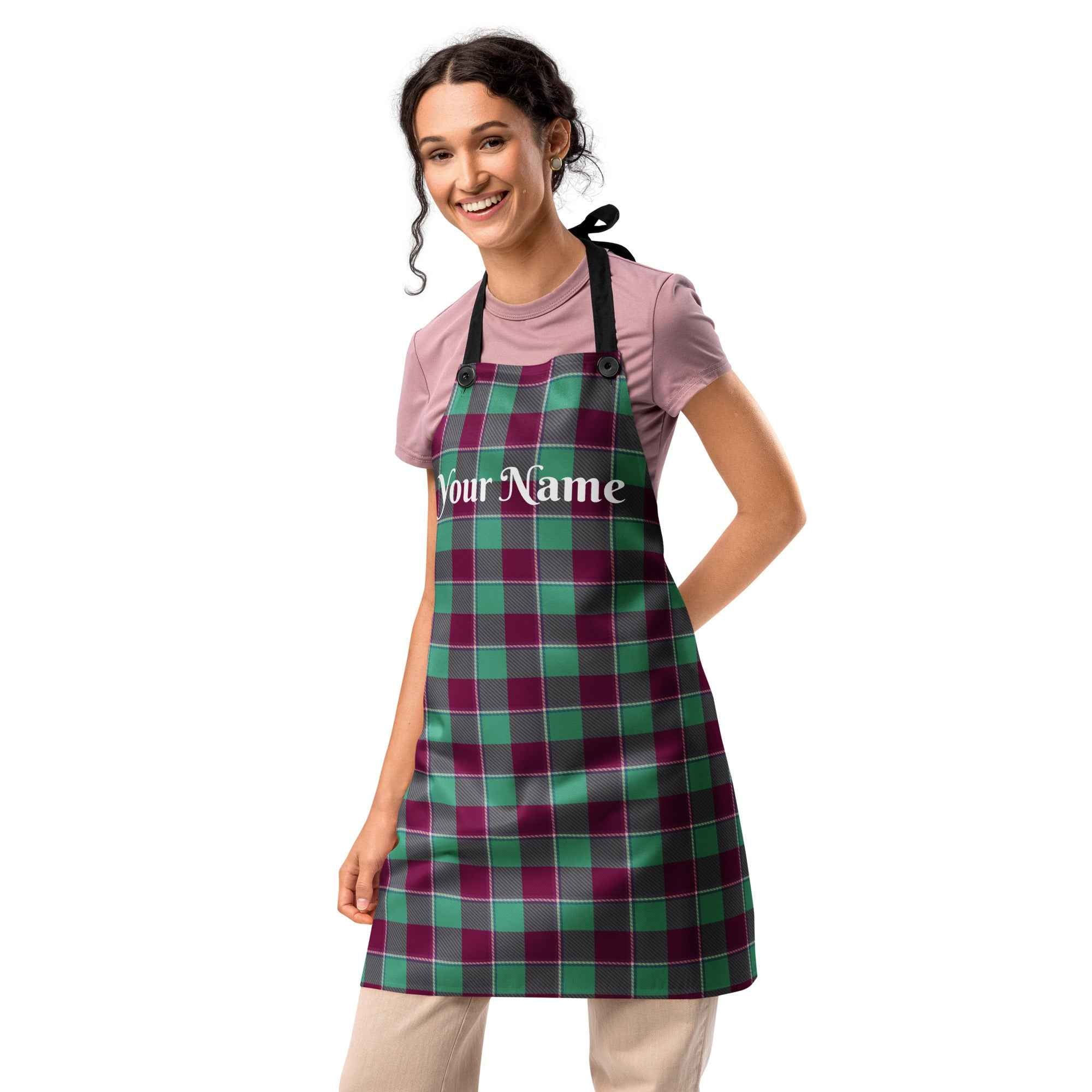 Personalized Ocean Green and Mulberry Wood Plaid Apron - Scottish Squares