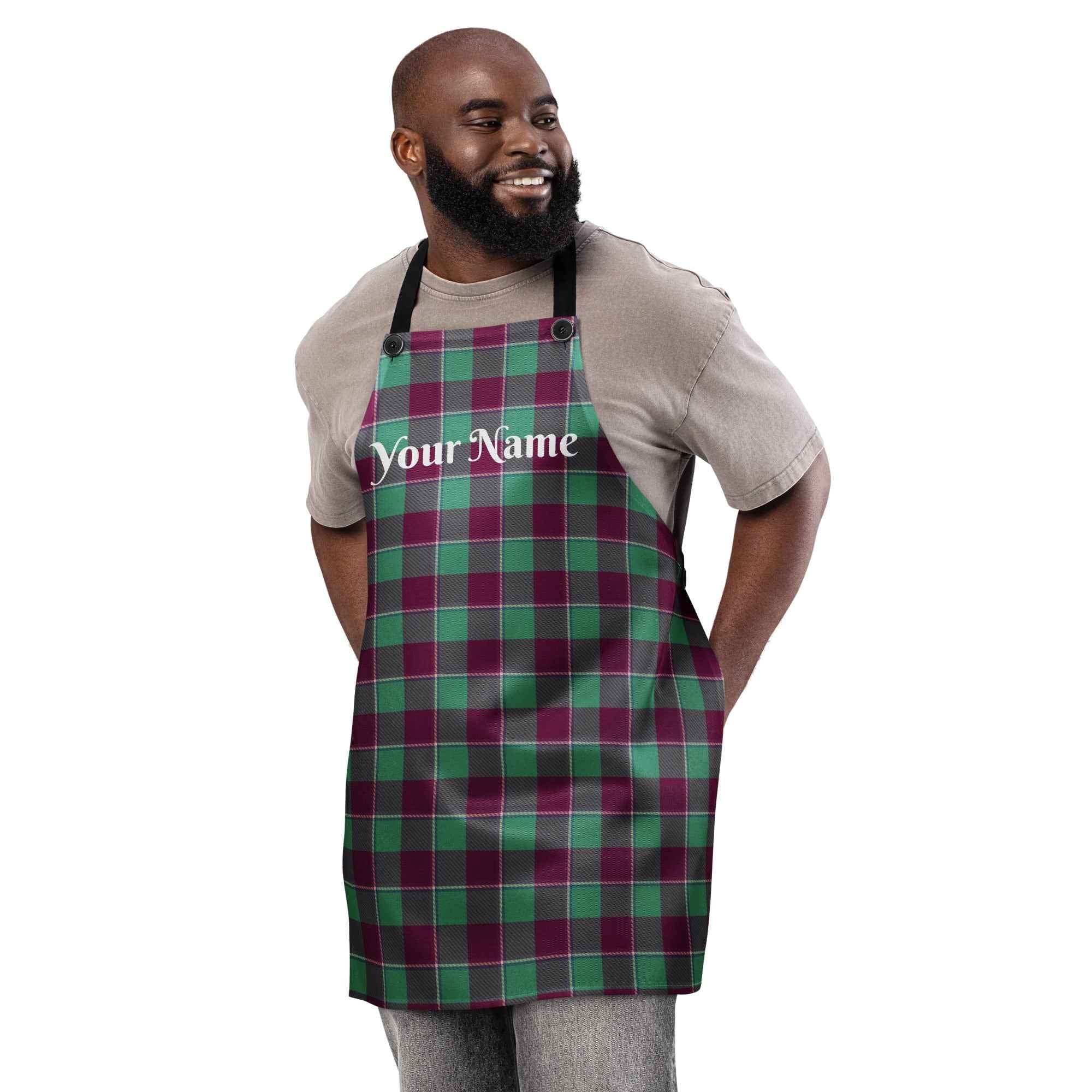 Personalized Ocean Green and Mulberry Wood Plaid Apron - Scottish Squares