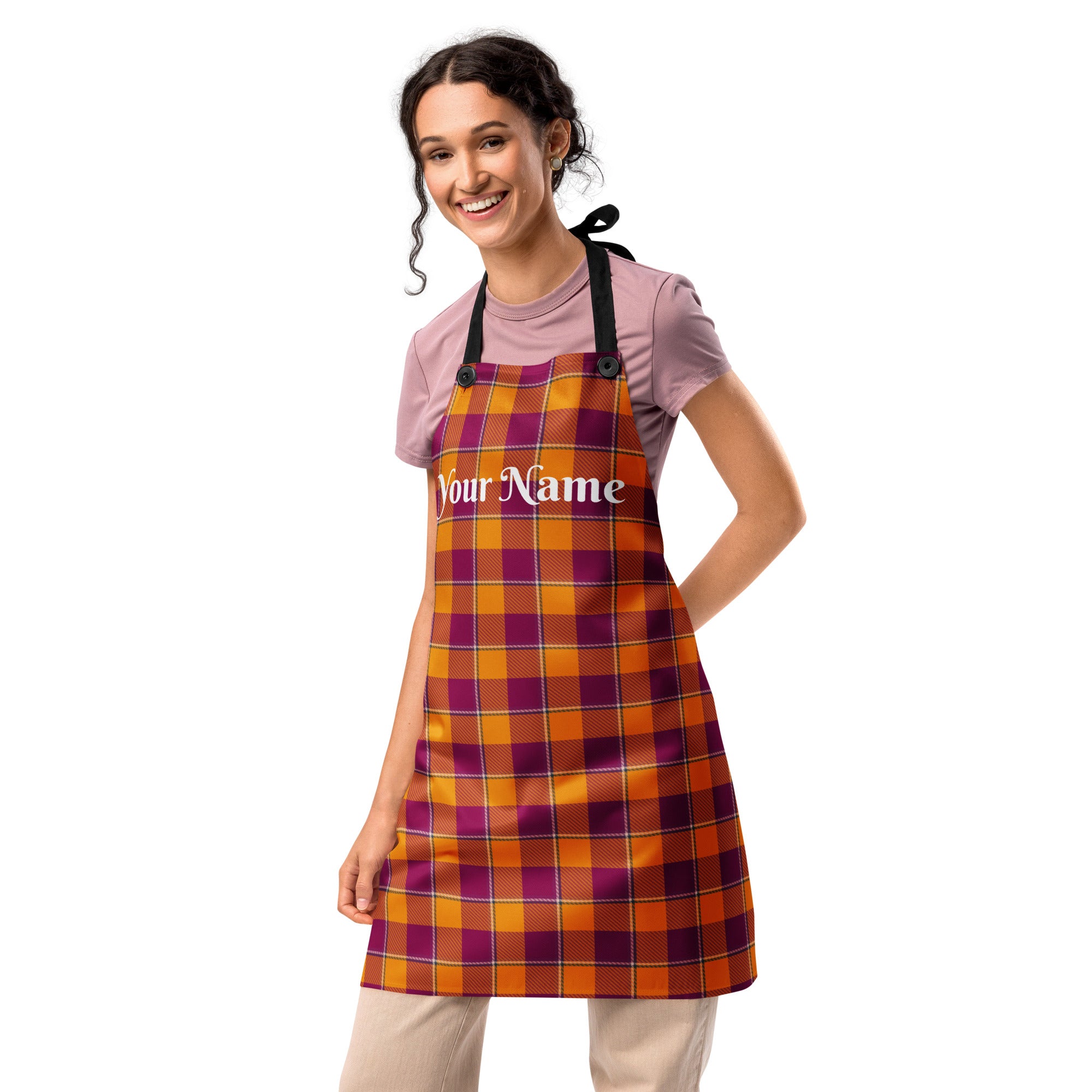 Personalized Tahiti Gold and Rose Bud Cherry Plaid Apron - Scottish Squares