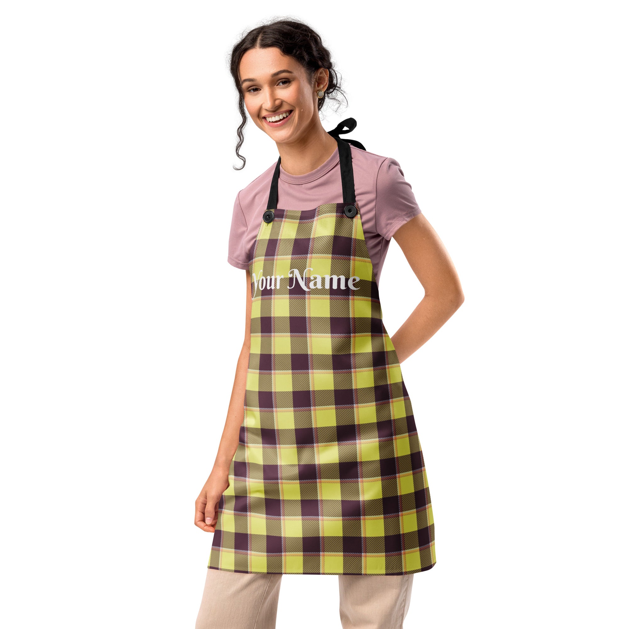 Personalized Flax and Livid Brown Plaid Apron - Scottish Squares