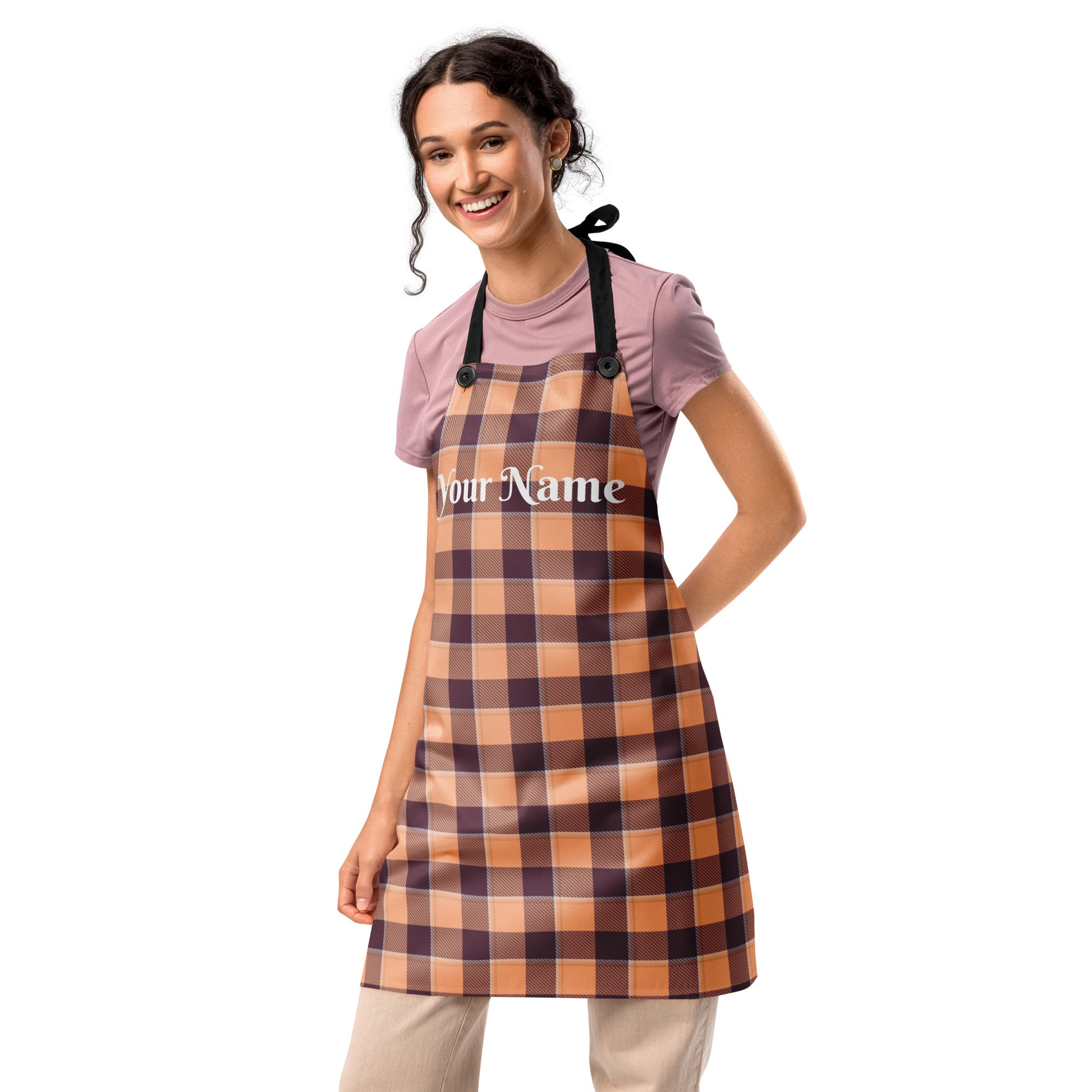 Personalized Hit Pink and Livid Brown Plaid Apron - Scottish Squares