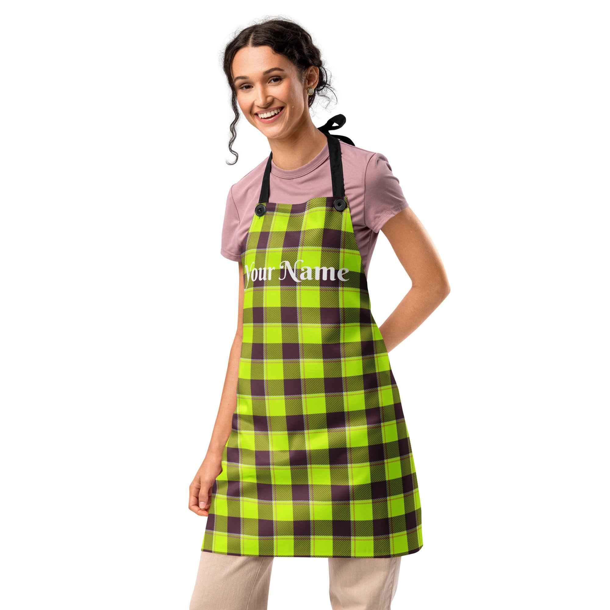 Personalized Electric Lime and Livid Brown Plaid Apron - Scottish Squares