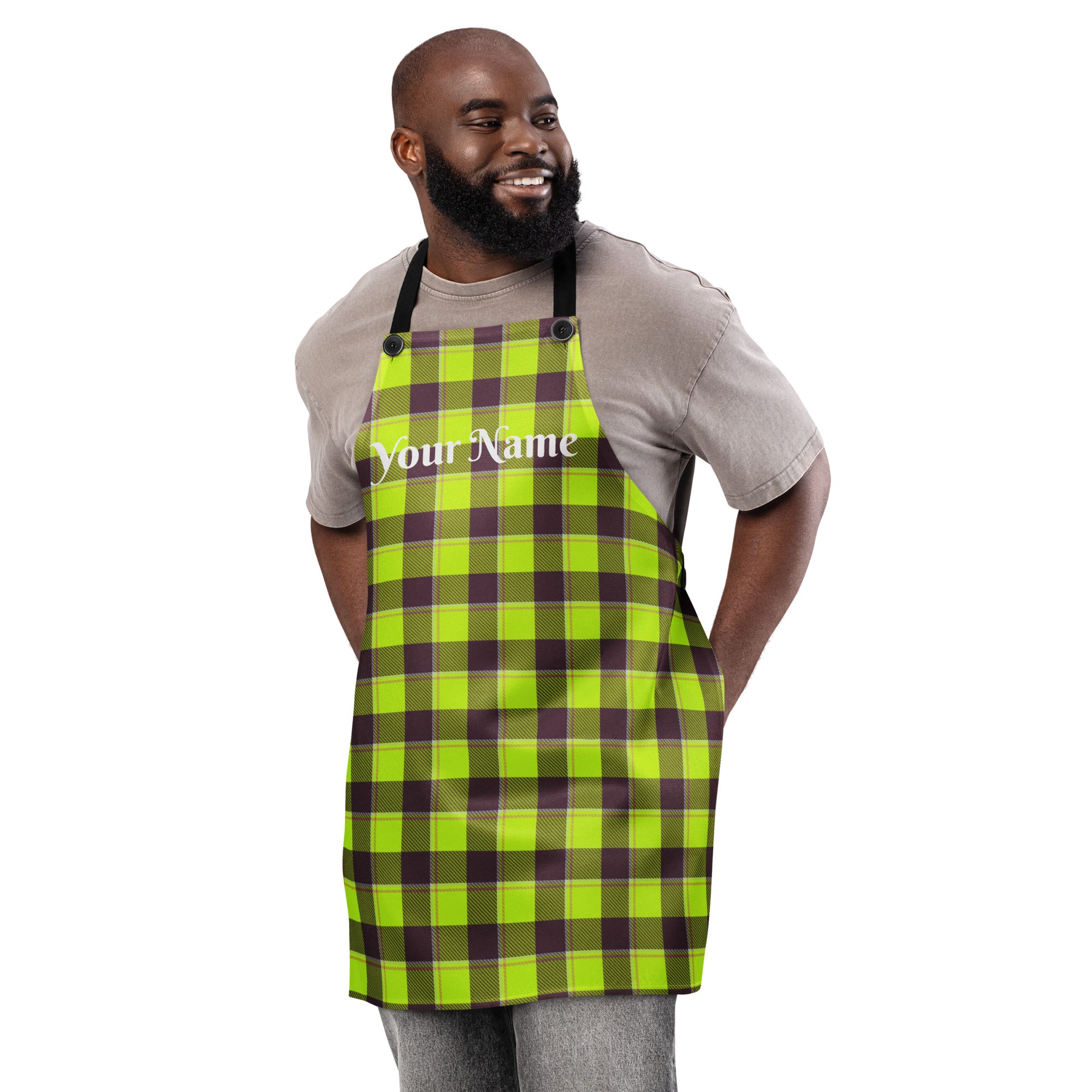 Personalized Electric Lime and Livid Brown Plaid Apron - Scottish Squares