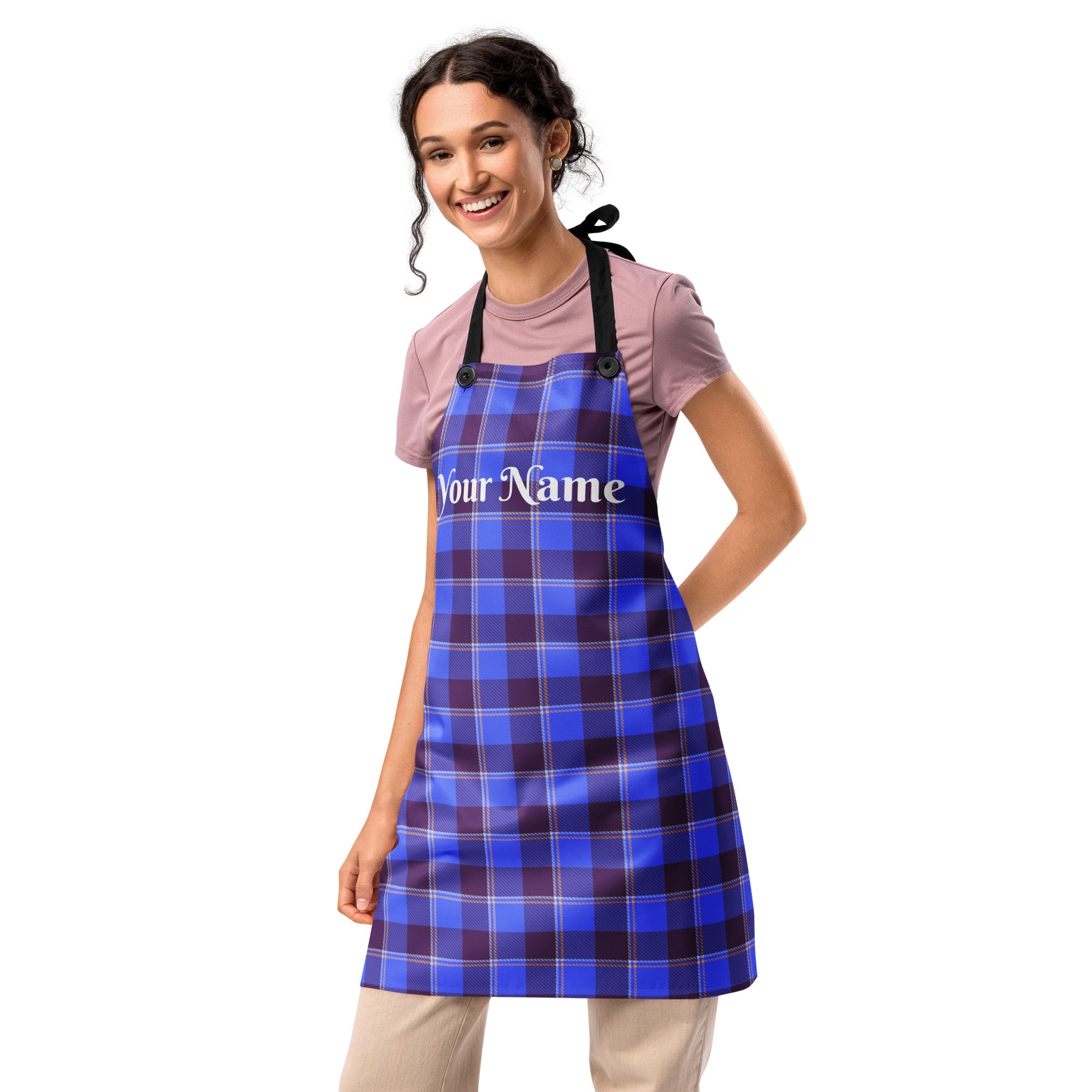 Personalized Cornflower Blue and Livid Brown Apron - Scottish Squares