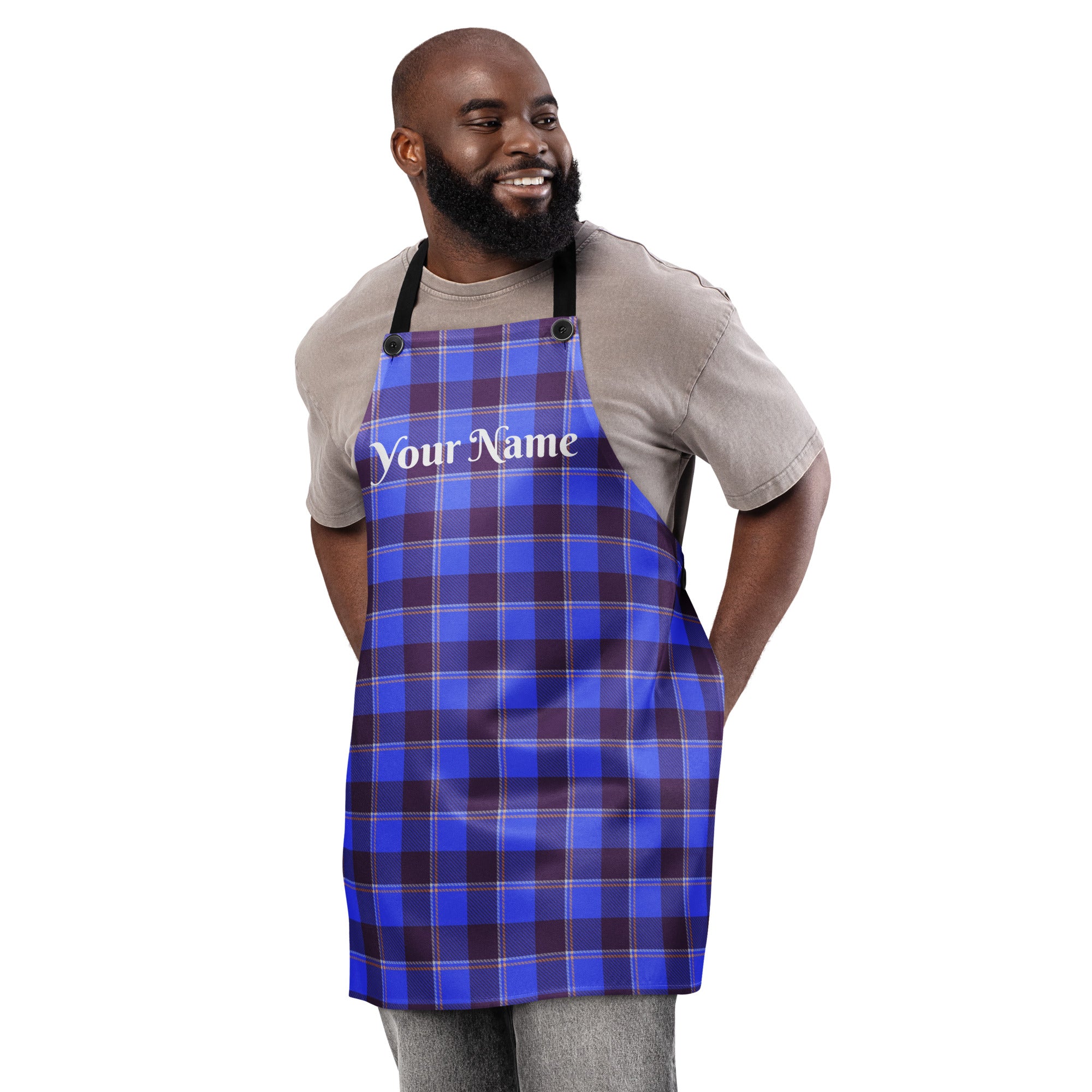 Personalized Cornflower Blue and Livid Brown Apron - Scottish Squares