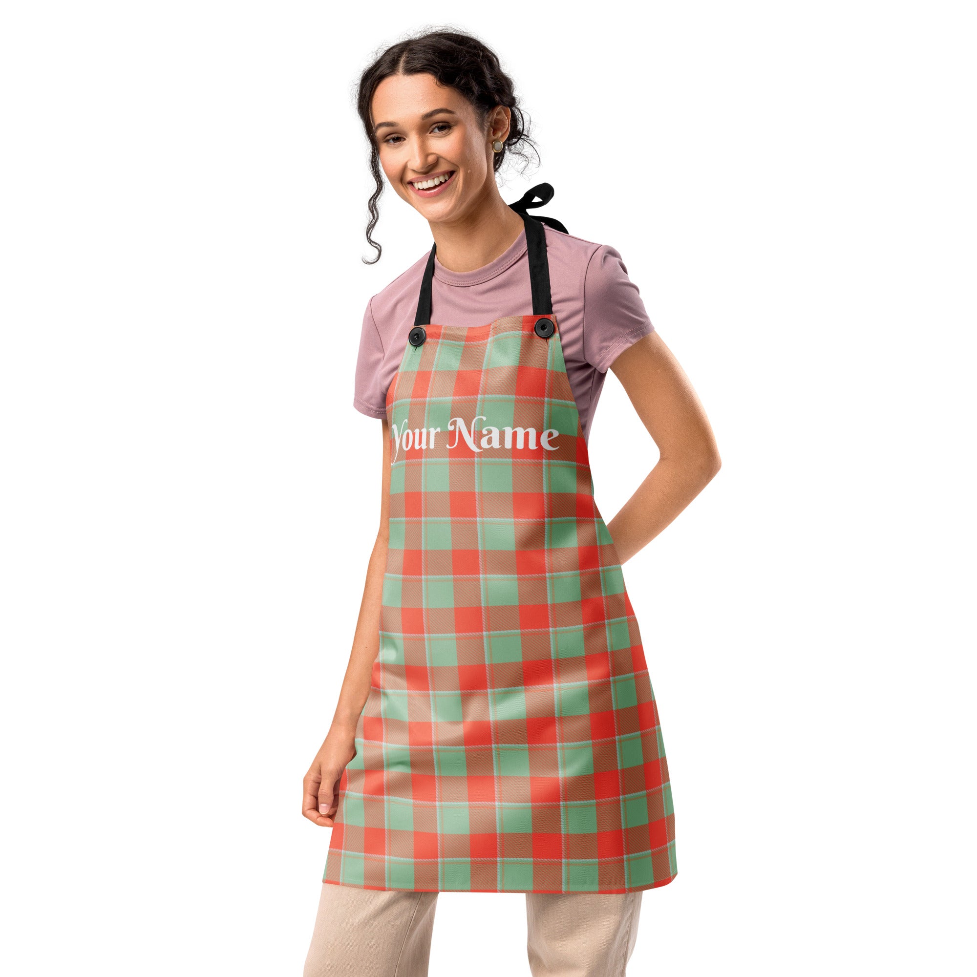 Personalized Spring Rain and Persimmon Plaid Apron - Scottish Squares