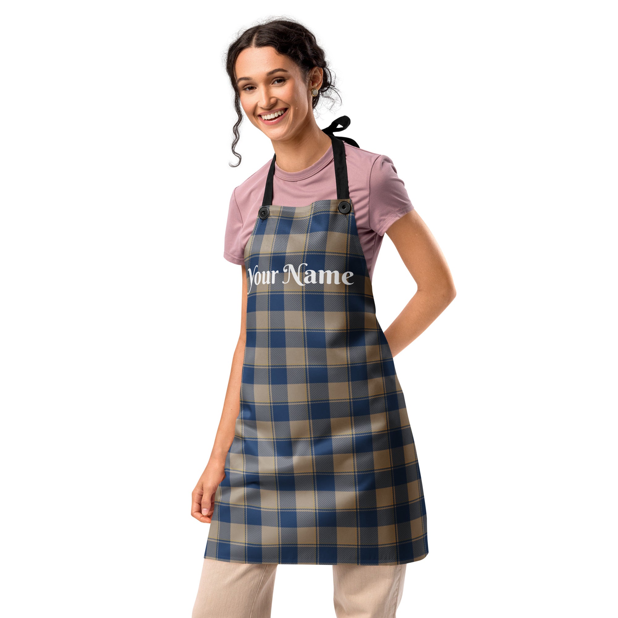 Personalized Cello and Donkey Brown Plaid Apron - Scottish Squares