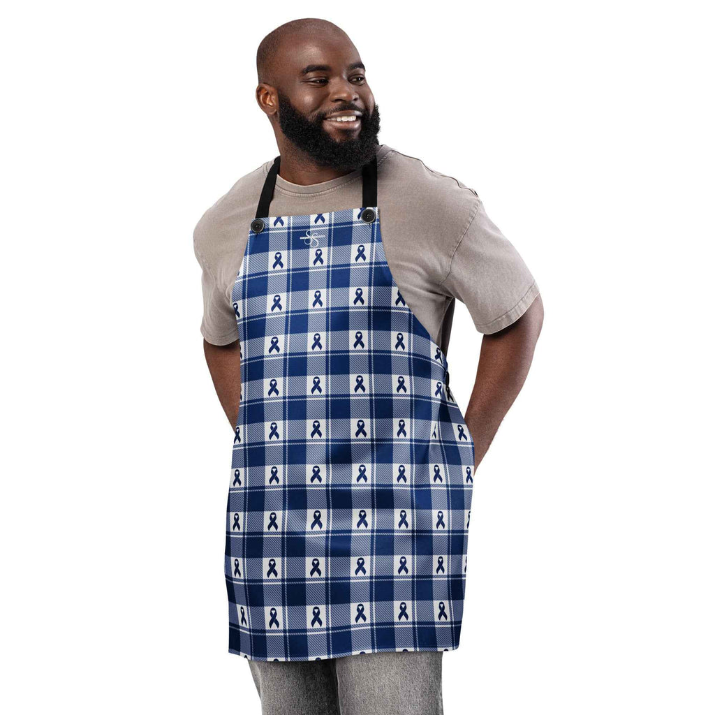 Apron Colorectal Awareness Plaid, Dark Blue Ribbon, Supportive Gift - Scottish Squares