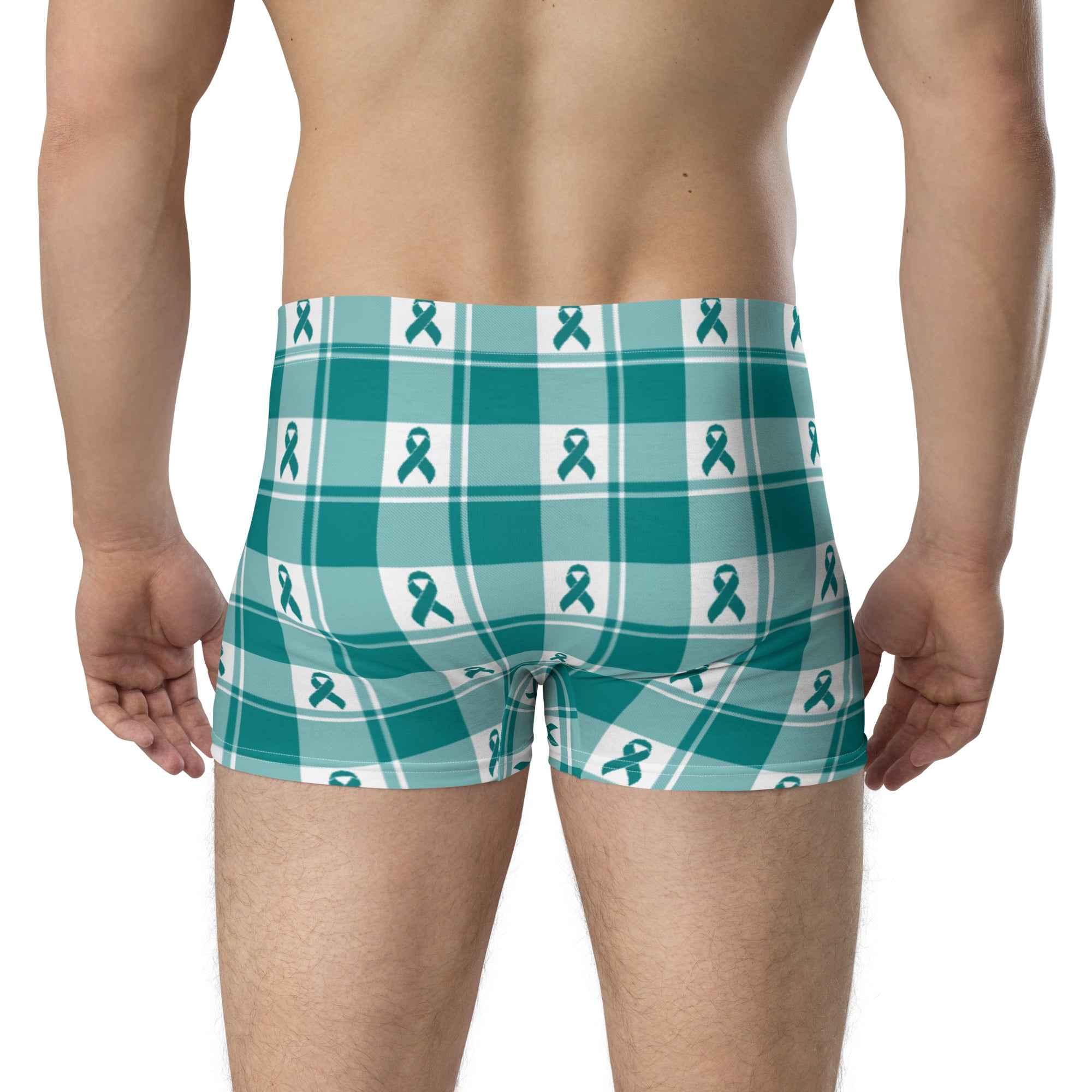 Boxer Briefs Cervical Cancer Awareness Plaid, Teal Ribbon, Supportive Gift - Scottish Squares