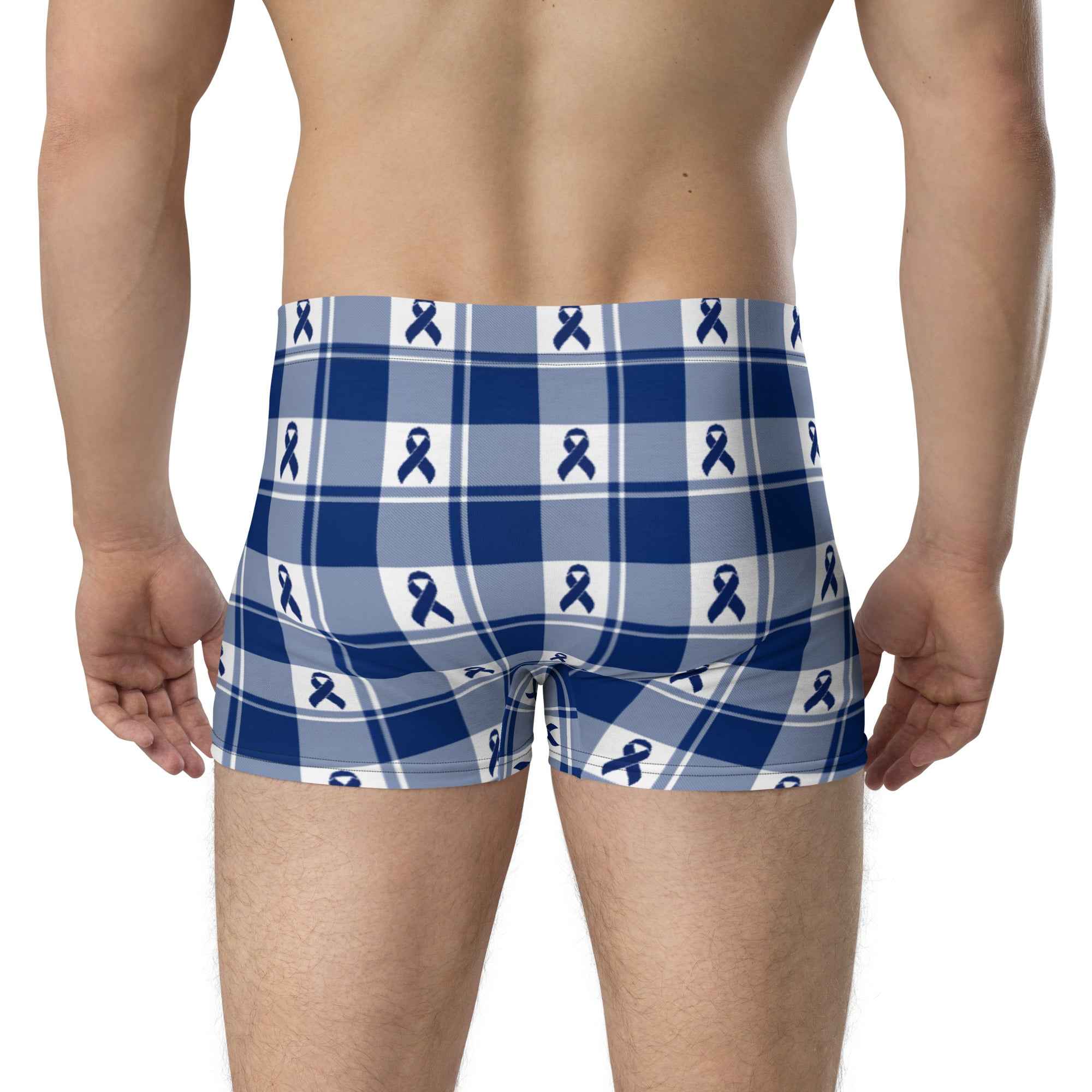 Boxer Briefs Colorectal Cancer Awareness Plaid, Dark Blue Ribbon, Supportive Gift - Scottish Squares