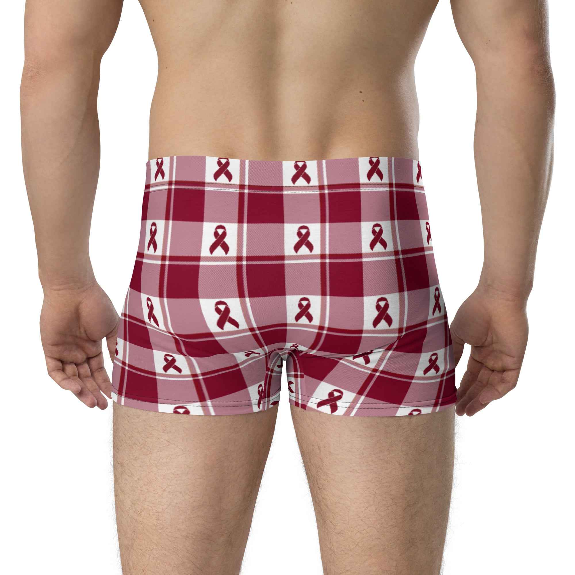 Boxer Briefs Multiple Myeloma Cancer Awareness, Burgundy Ribbon, Supportive Gift - Scottish Squares