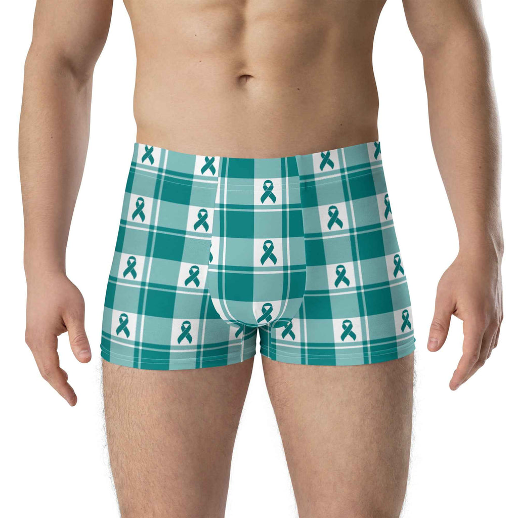 Boxer Briefs Cervical Cancer Awareness Plaid, Teal Ribbon, Supportive Gift - Scottish Squares