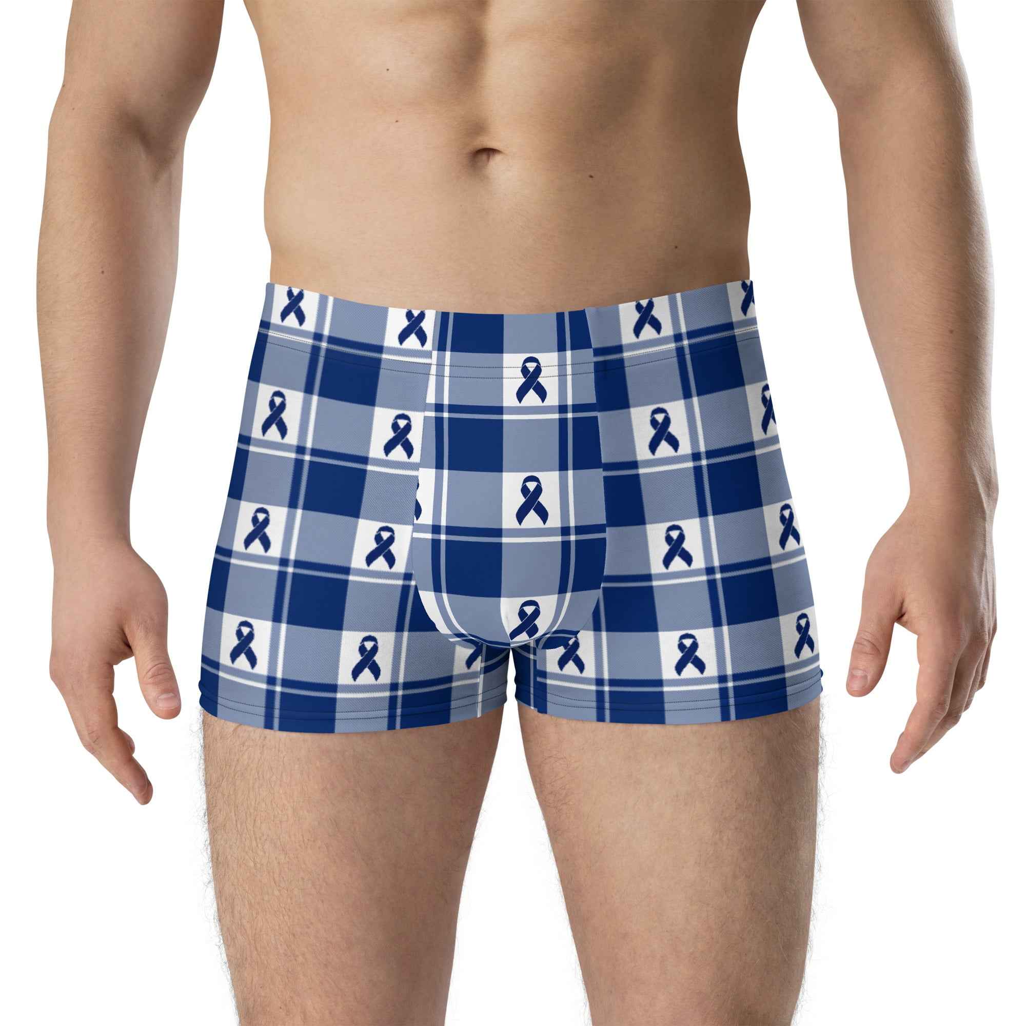 Boxer Briefs Colorectal Cancer Awareness Plaid, Dark Blue Ribbon, Supportive Gift 3XL - Scottish Squares