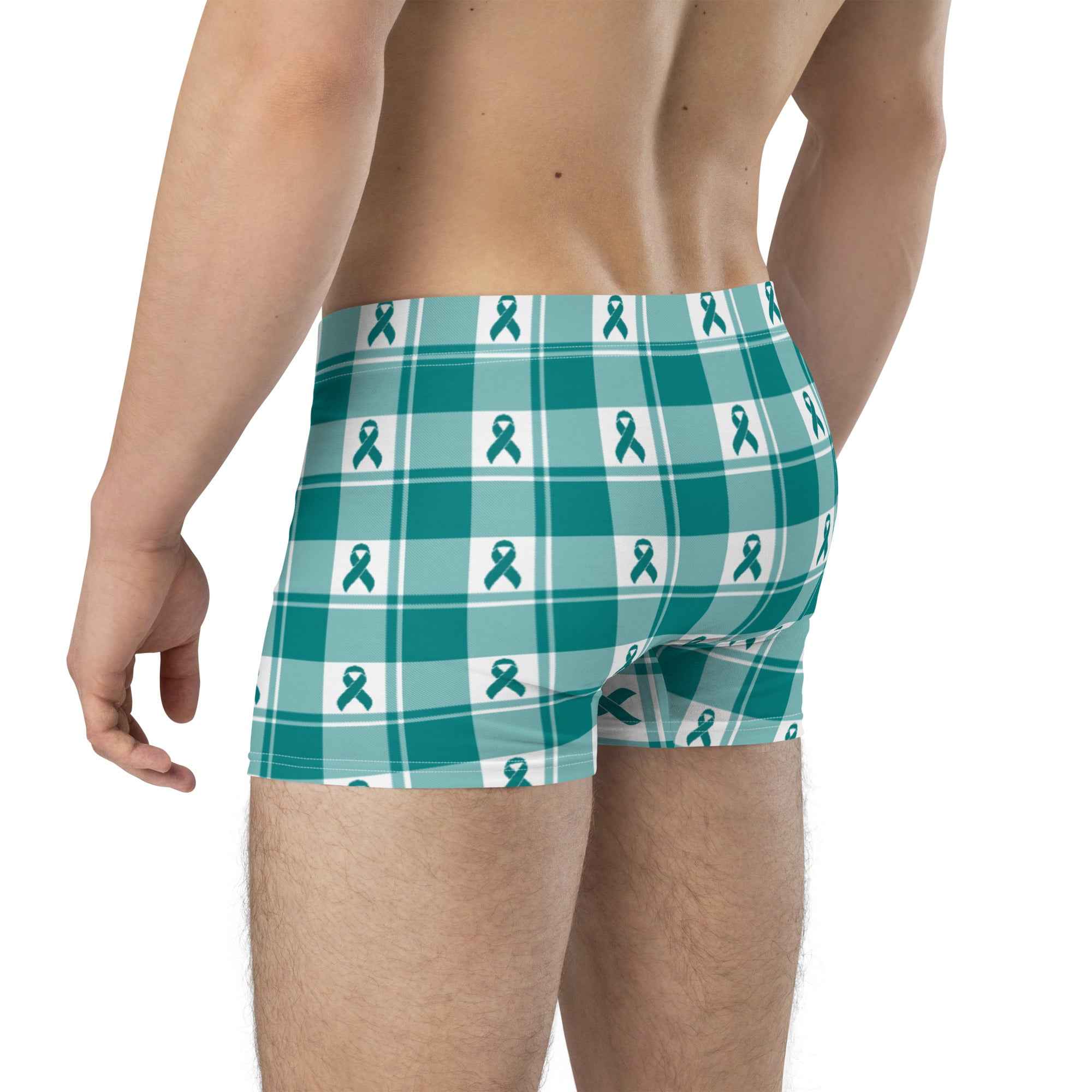 Boxer Briefs Cervical Cancer Awareness Plaid, Teal Ribbon, Supportive Gift - Scottish Squares