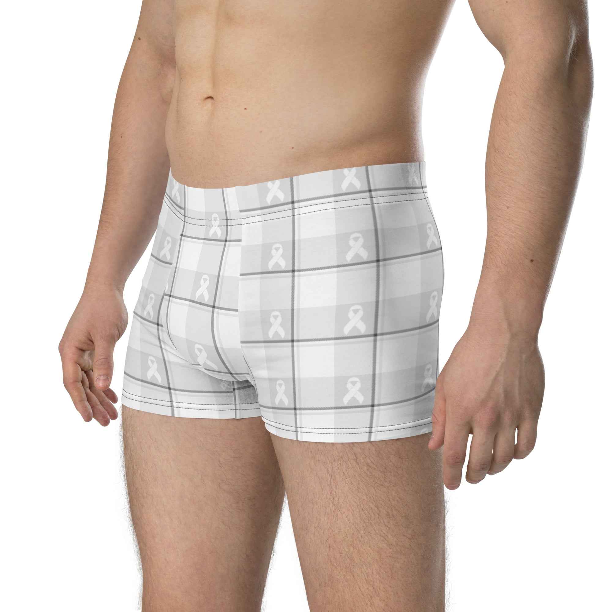 Boxer Briefs Lung Cancer Awareness Plaid, White Ribbon, Supportive Gift - Scottish Squares