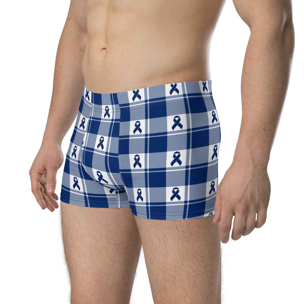 Boxer Briefs Colorectal Cancer Awareness Plaid, Dark Blue Ribbon, Supportive Gift - Scottish Squares