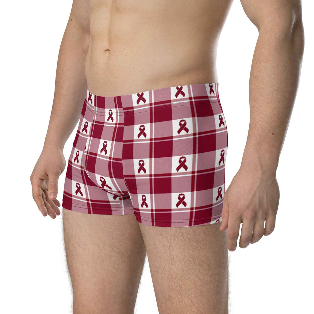 Boxer Briefs Multiple Myeloma Cancer Awareness, Burgundy Ribbon, Supportive Gift - Scottish Squares
