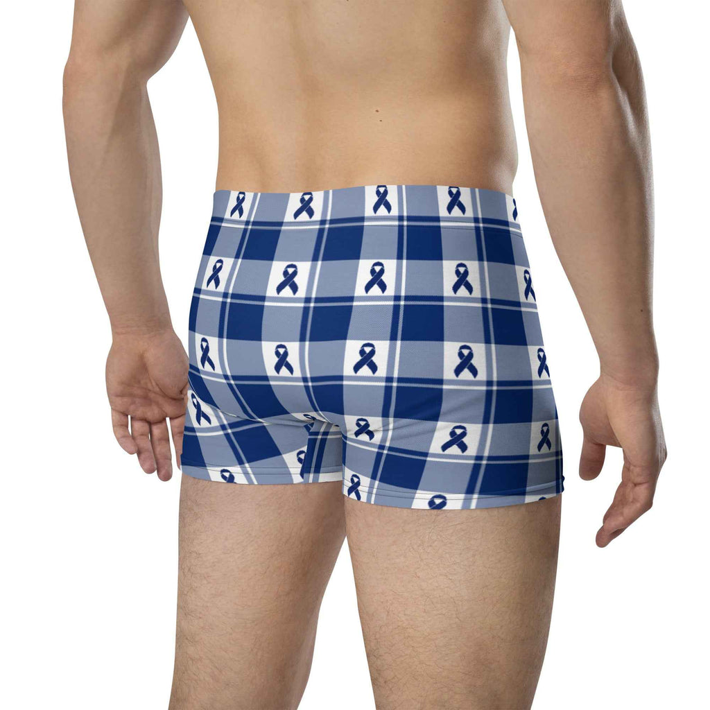 Boxer Briefs Colorectal Cancer Awareness Plaid, Dark Blue Ribbon, Supportive Gift - Scottish Squares