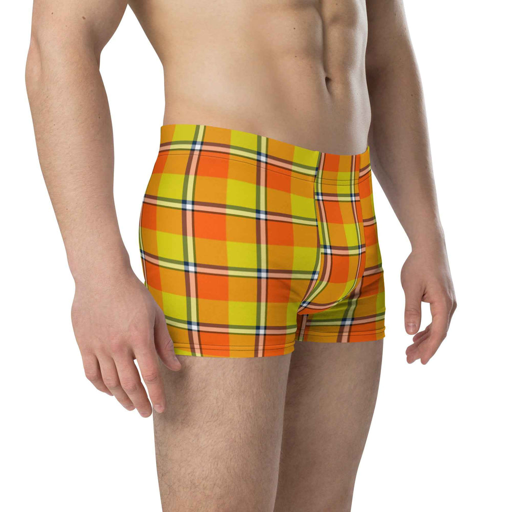 Blaze Orange and Bird Flower Plaid Boxer Briefs - Scottish Squares