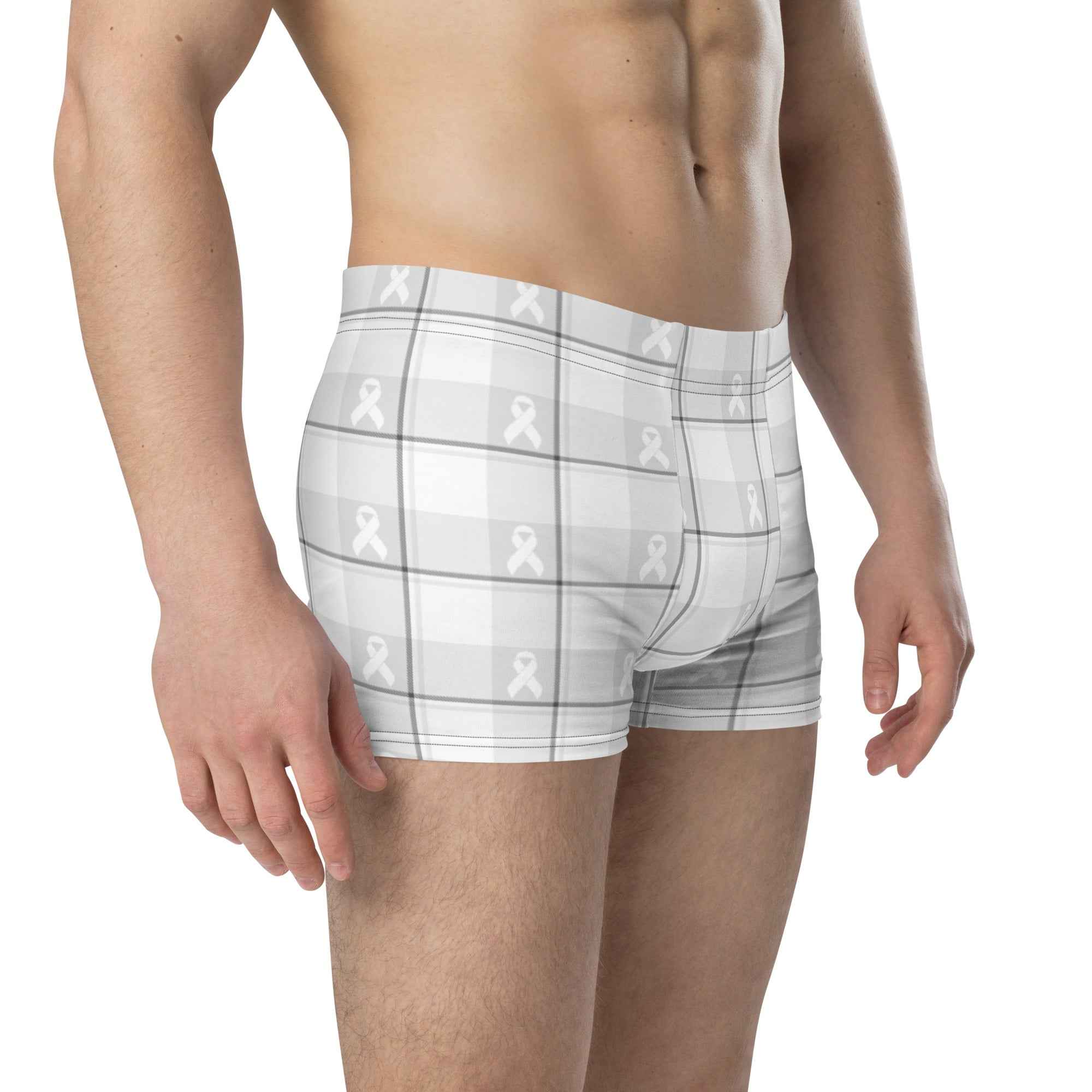 Boxer Briefs Lung Cancer Awareness Plaid, White Ribbon, Supportive Gift - Scottish Squares