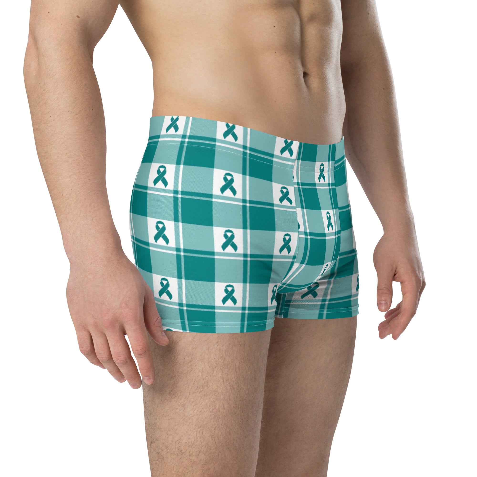 Boxer Briefs Cervical Cancer Awareness Plaid, Teal Ribbon, Supportive Gift - Scottish Squares