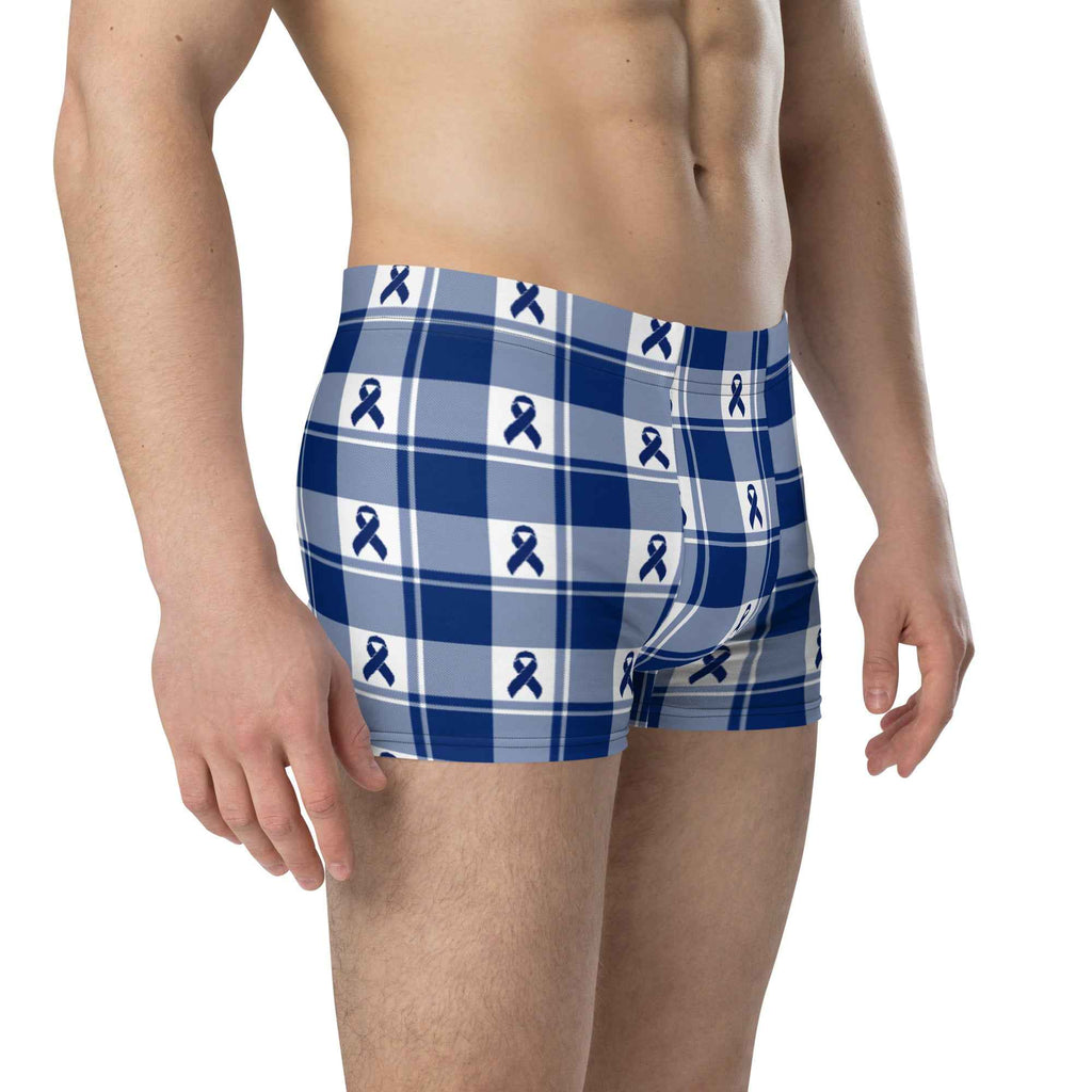 Boxer Briefs Colorectal Cancer Awareness Plaid, Dark Blue Ribbon, Supportive Gift - Scottish Squares