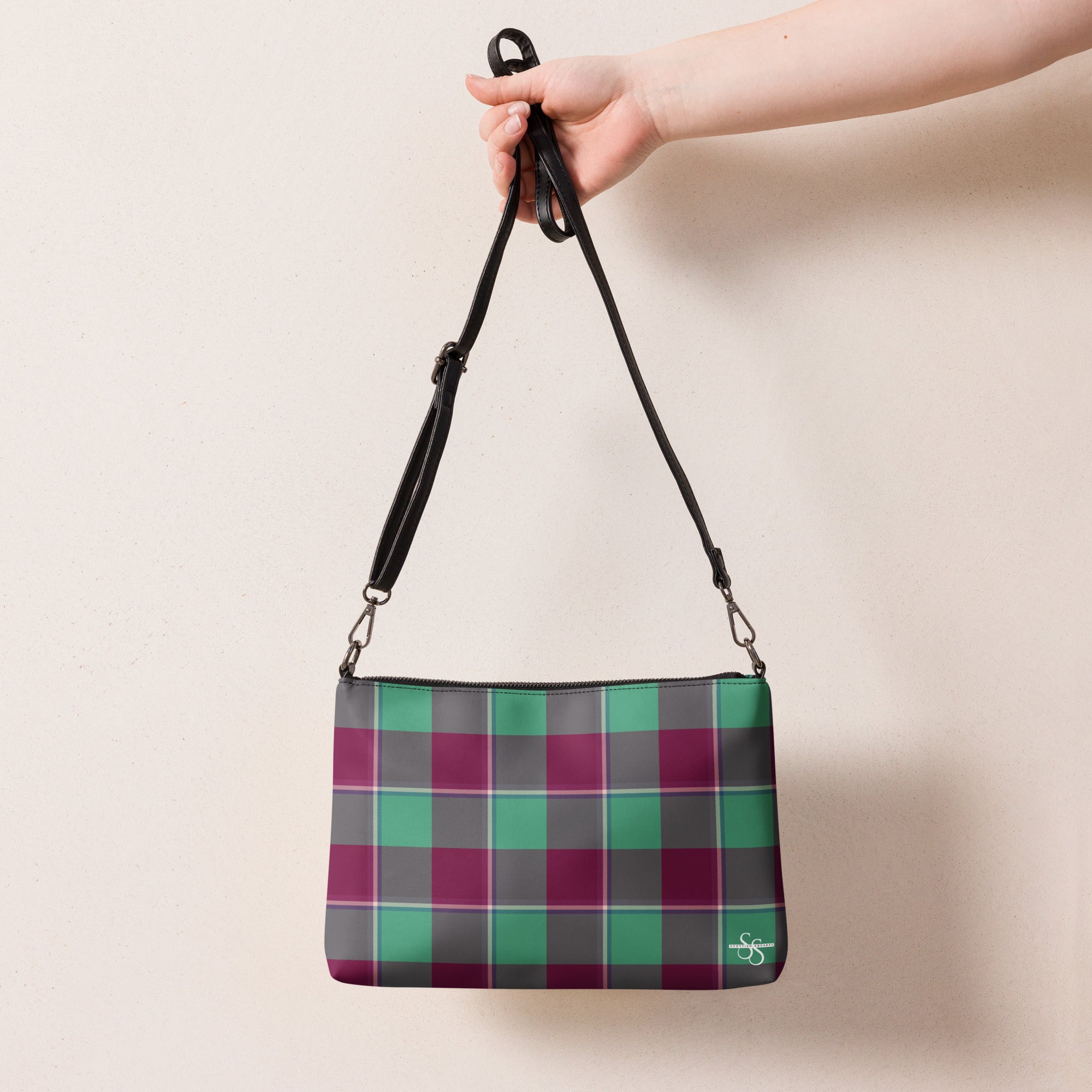 Personalized Crossbody Bag Ocean Green and Mulberry Wood Plaid - Scottish Squares