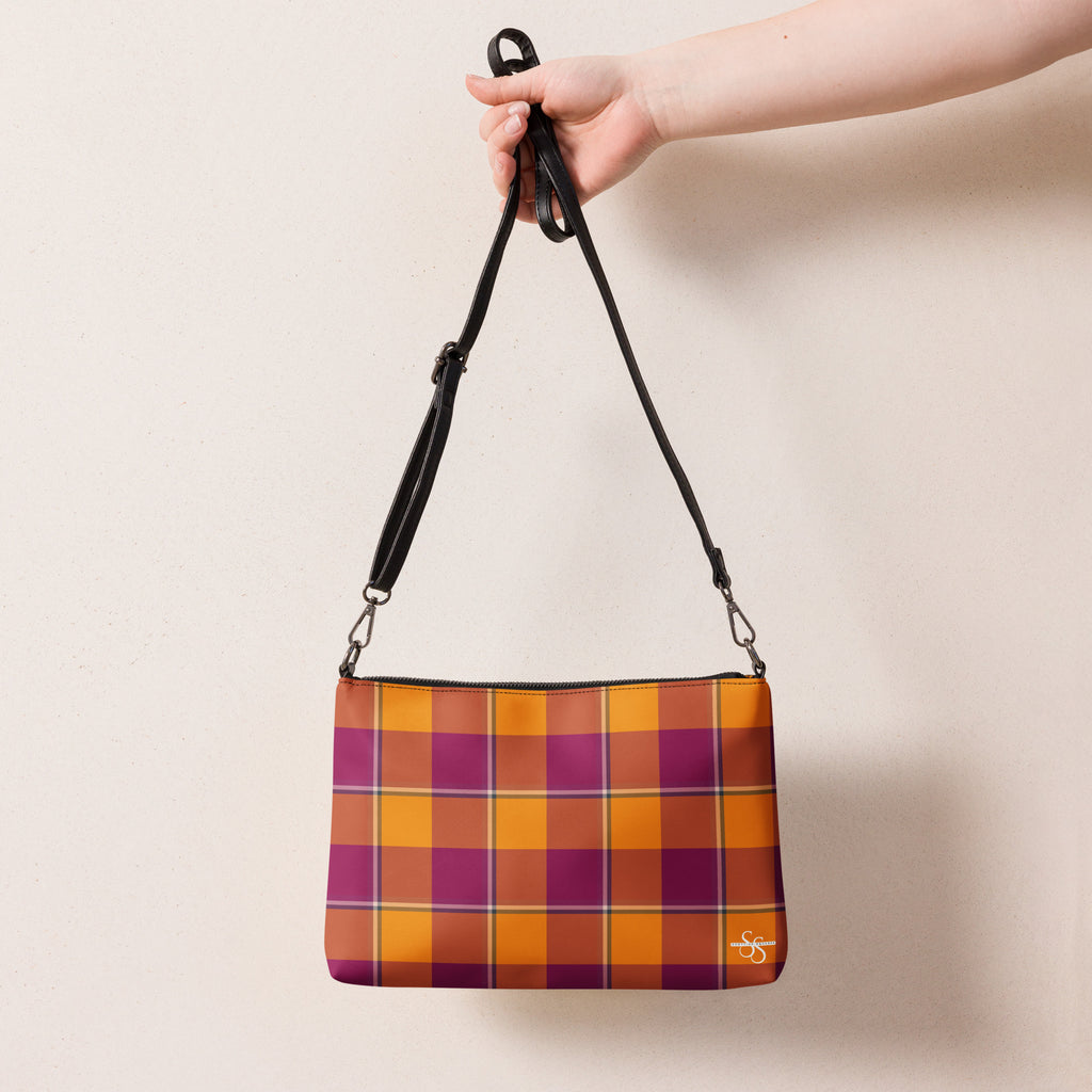 Personalized Crossbody Bag Tahiti Gold and Rose Bud Cherry Plaid - Scottish Squares