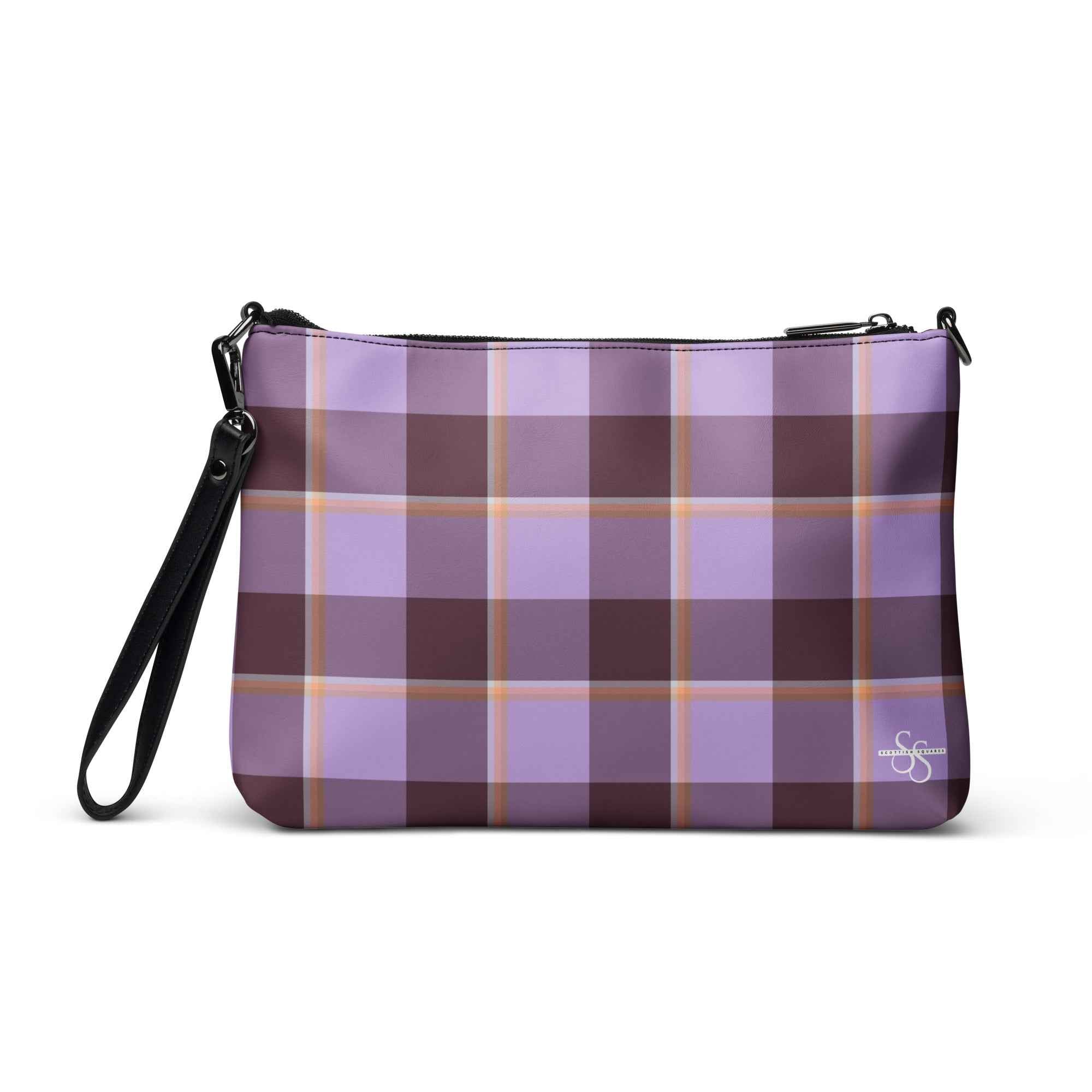 Personalized Crossbody Bag Light Wisteria and Livid Brown Plaid - Scottish Squares