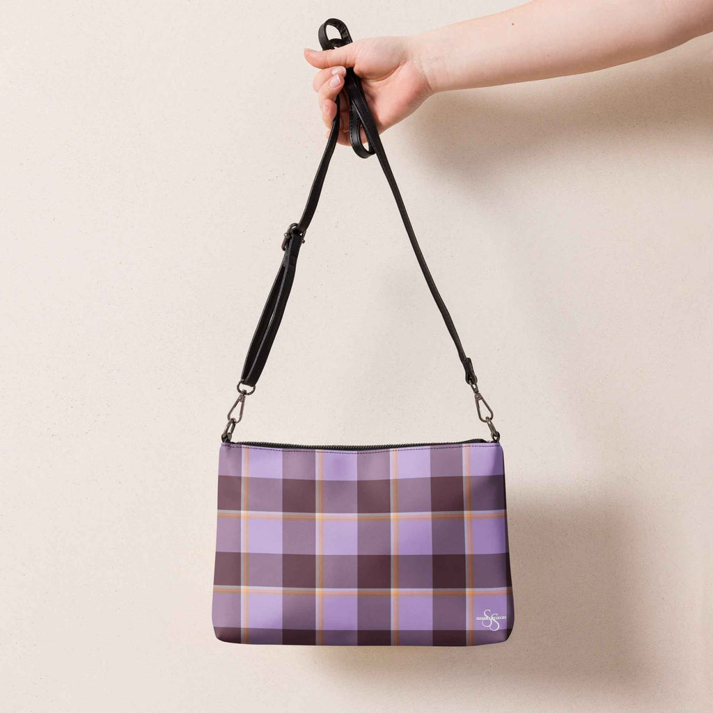 Personalized Crossbody Bag Light Wisteria and Livid Brown Plaid - Scottish Squares